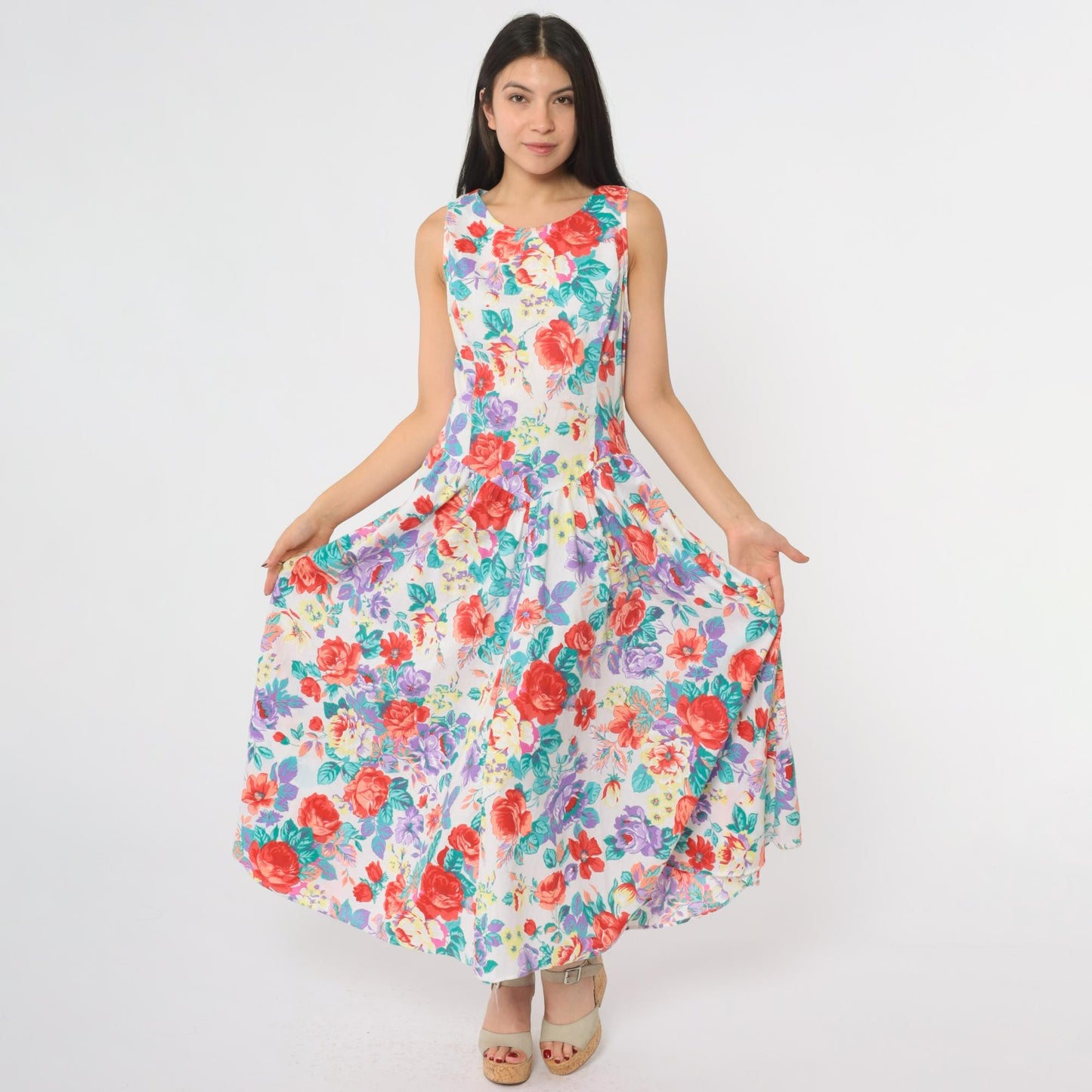 80s Eber San Francisco Floral Maxi Dress Sleeveless Tiered Skirt Medium