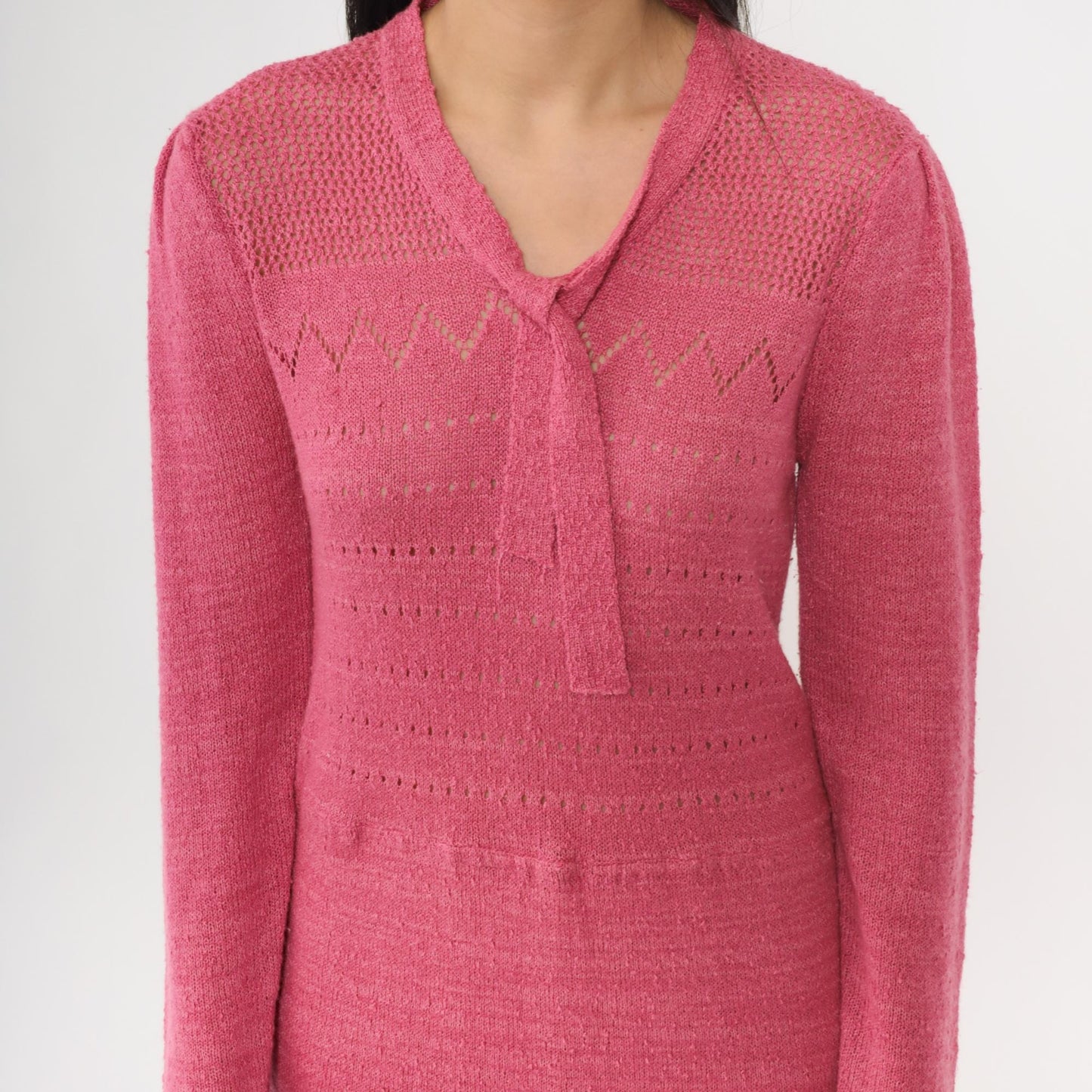 80s Pink Pointelle Knit Midi Dress Tie Neck Puff Sleeve Medium