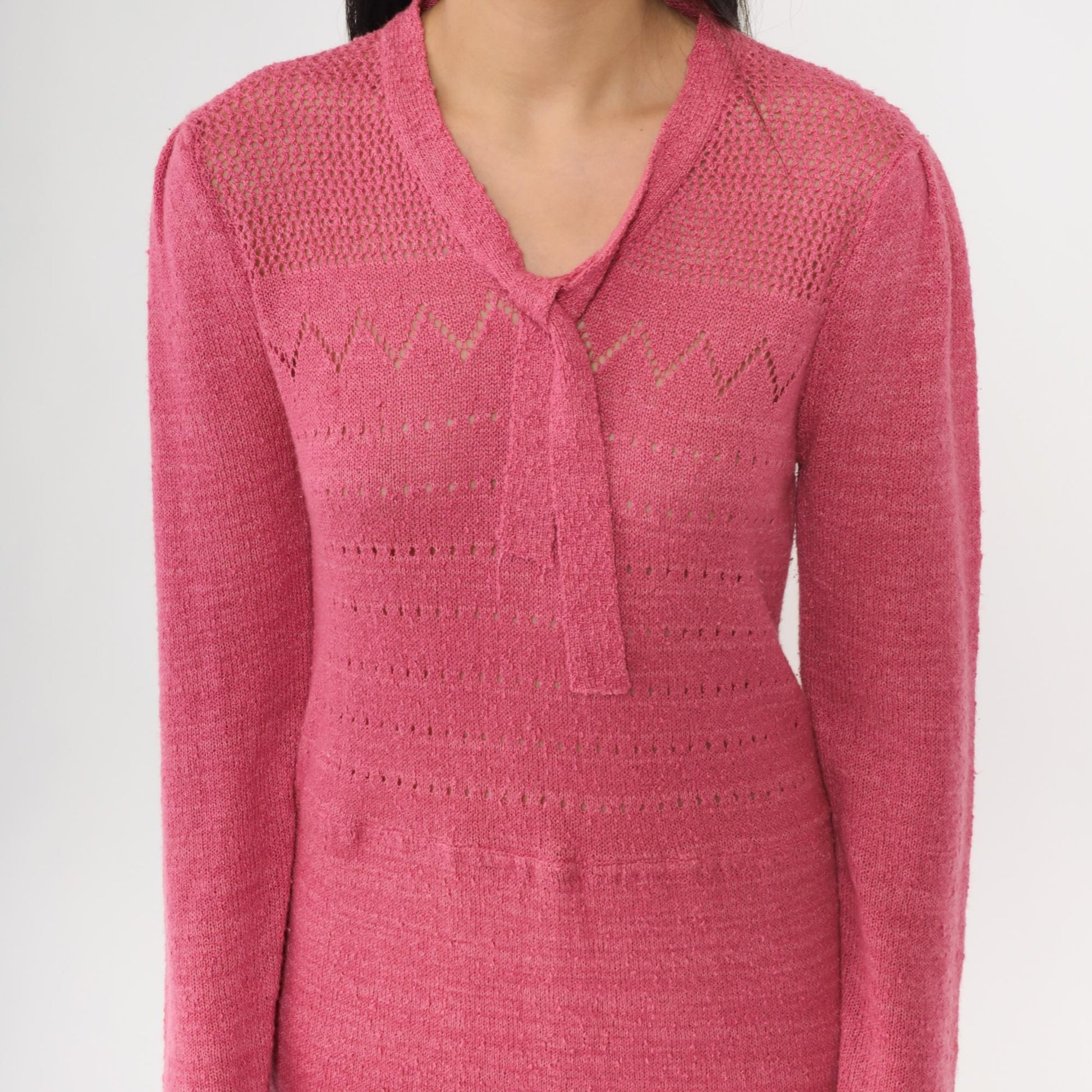 80s Pink Pointelle Knit Midi Dress Tie Neck Puff Sleeve Medium