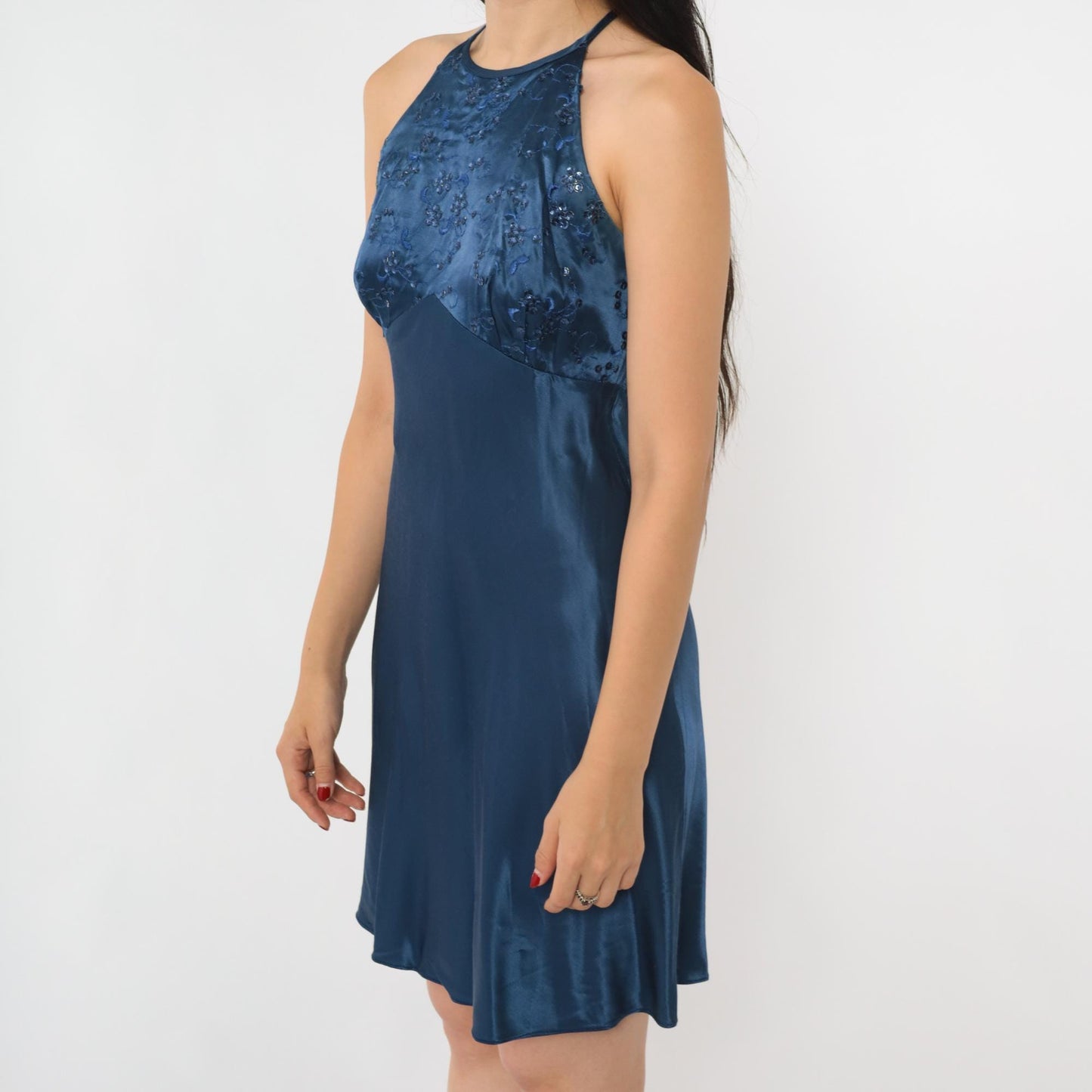 90s Zum Zum Midnight Blue Sequin Floral Halter Mini Dress Small