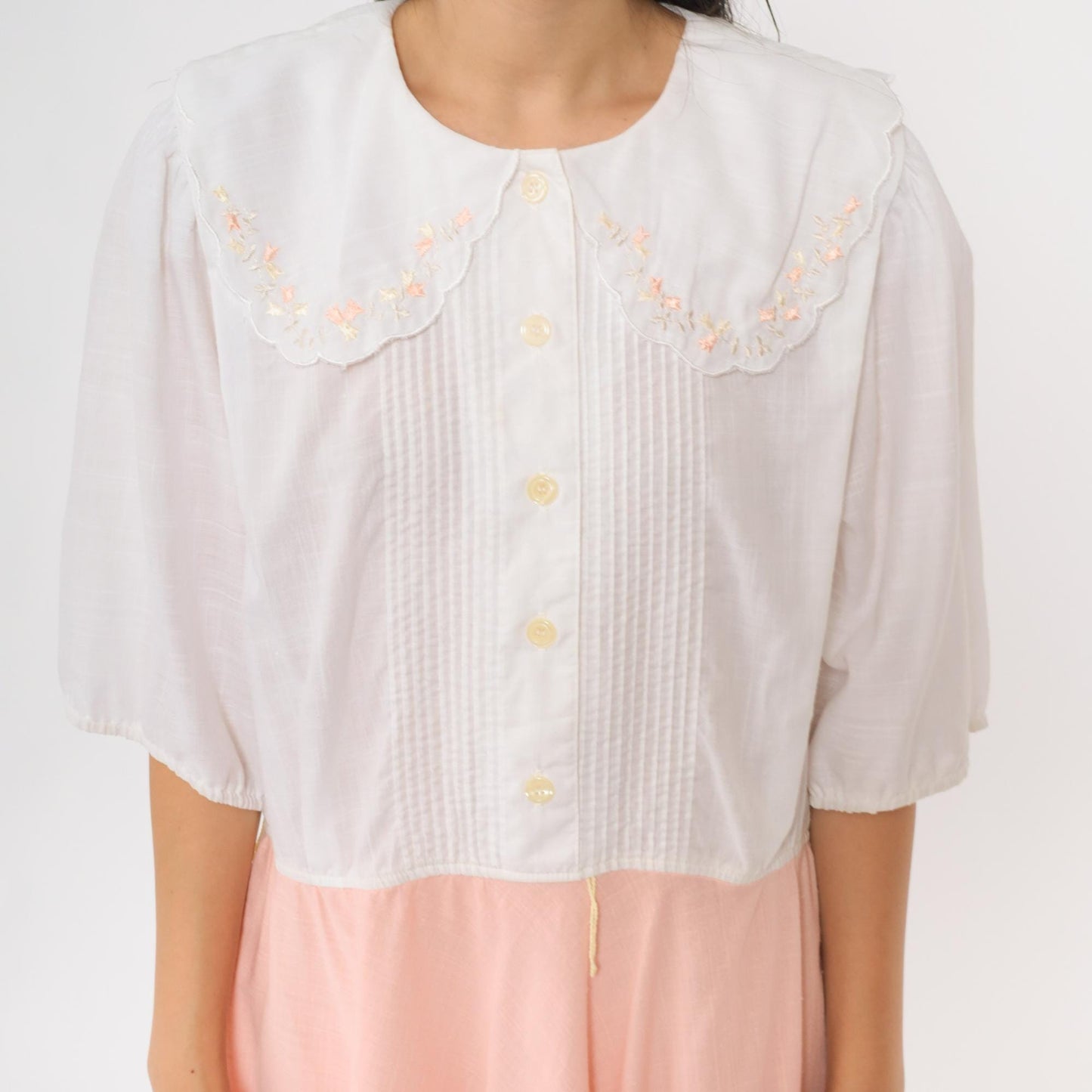 80s Leslie Fay Peter Pan Collar Midi Dress White Peach Floral Embroidered Extra Large
