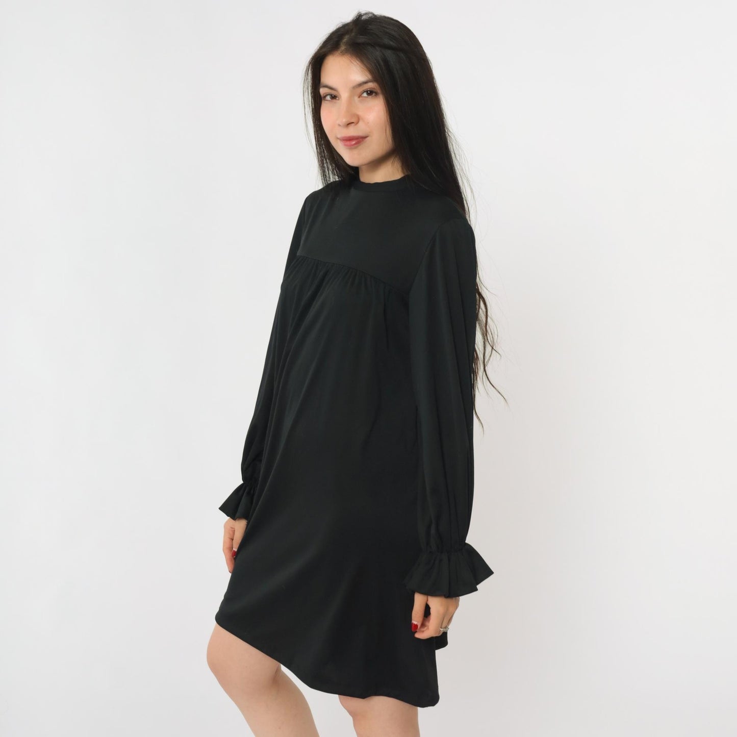 70s Black Tent Mini Dress Mock Neck Ruffled Long Sleeve Small