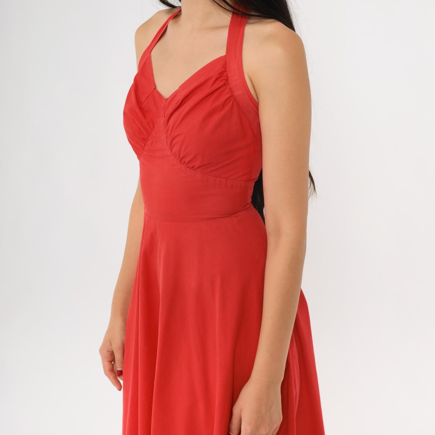 1950s Red Halter Sweetheart Midi Dress Full Skirt XXS