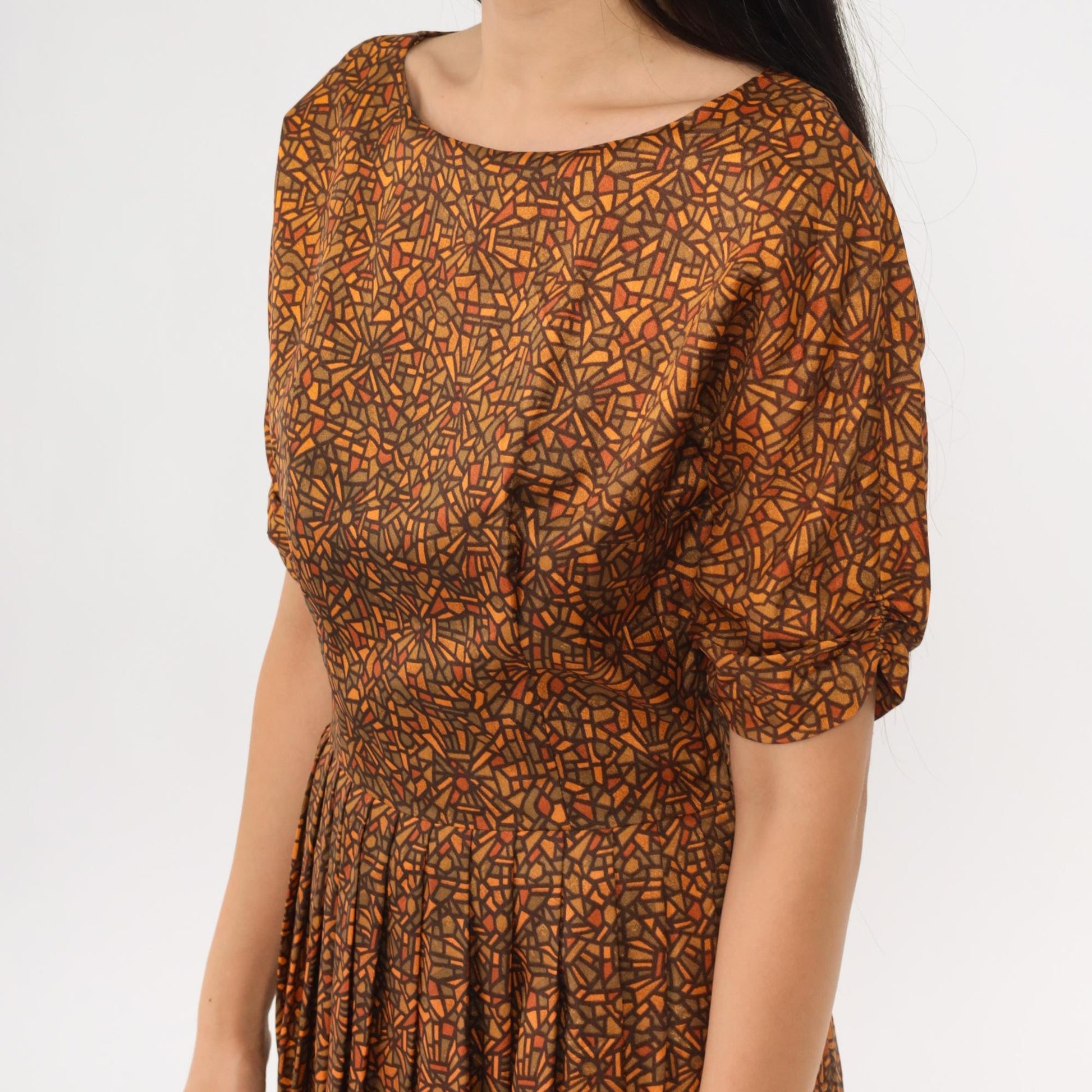 60s Geometric Mosaic Print Dress Brown Orange Bateau Neckline Midi Small