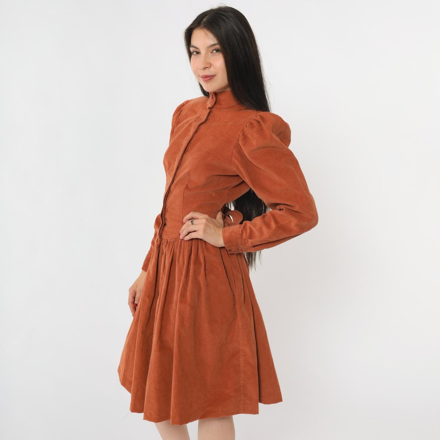 80s Rust Corduroy Midi Dress High Neck Puff Sleeve Fitted Waist Small