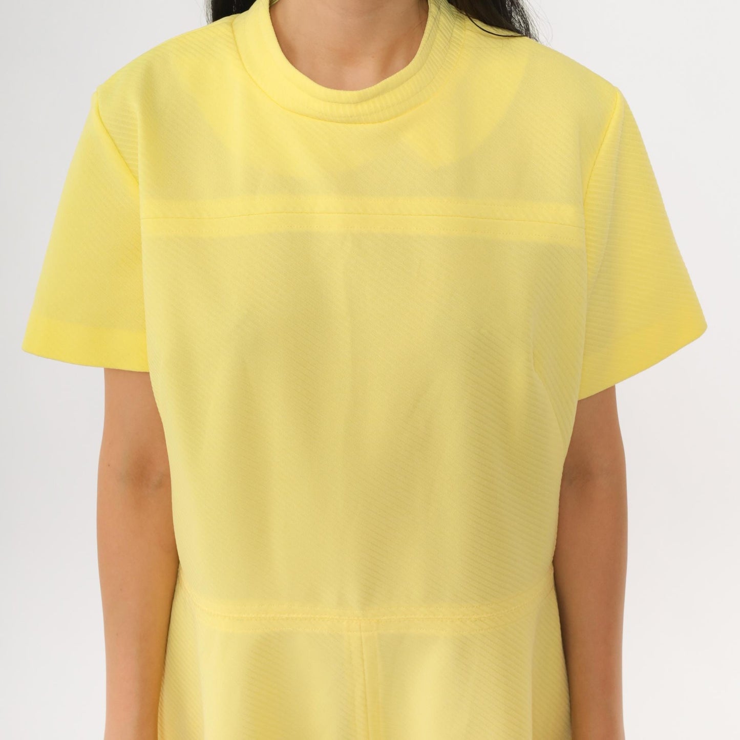 60s Yellow Mod Dress High Waist Ribbed Knit Knee Length Short Sleeve Large