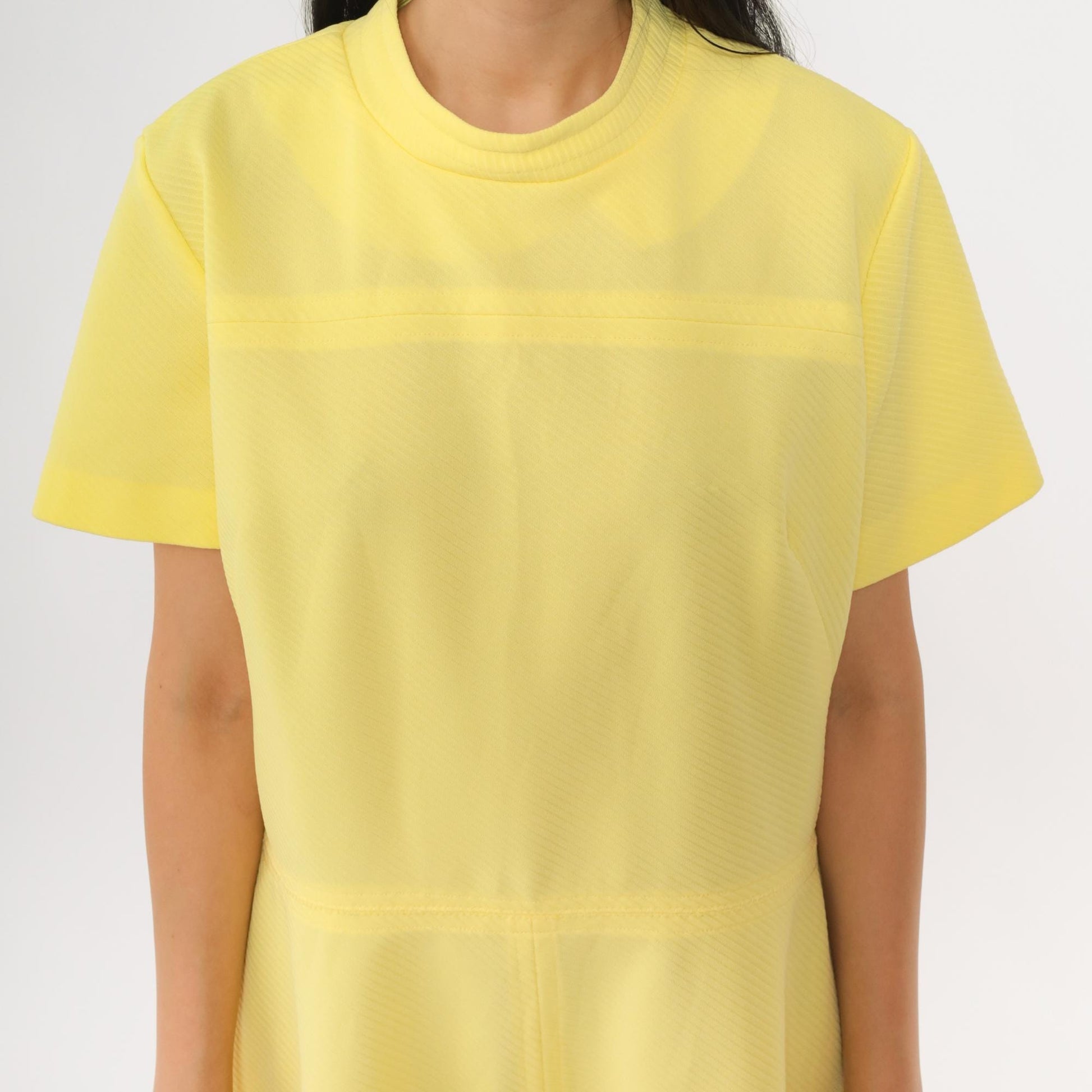 60s Yellow Mod Dress High Waist Ribbed Knit Knee Length Short Sleeve Large