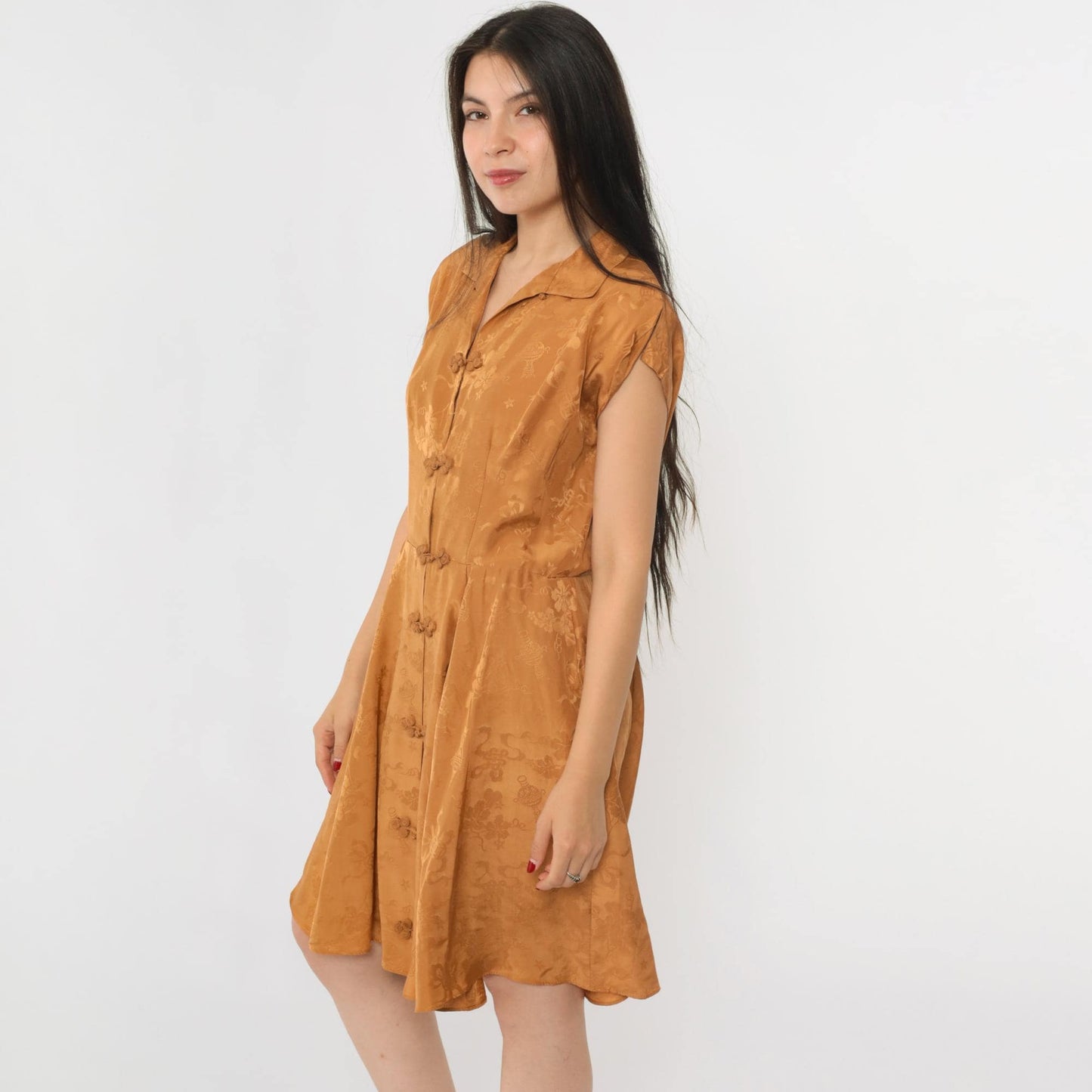 1950s Dynasty Silk Jacquard Dress Gold Asian Floral Cap Sleeve Fit Flare Medium
