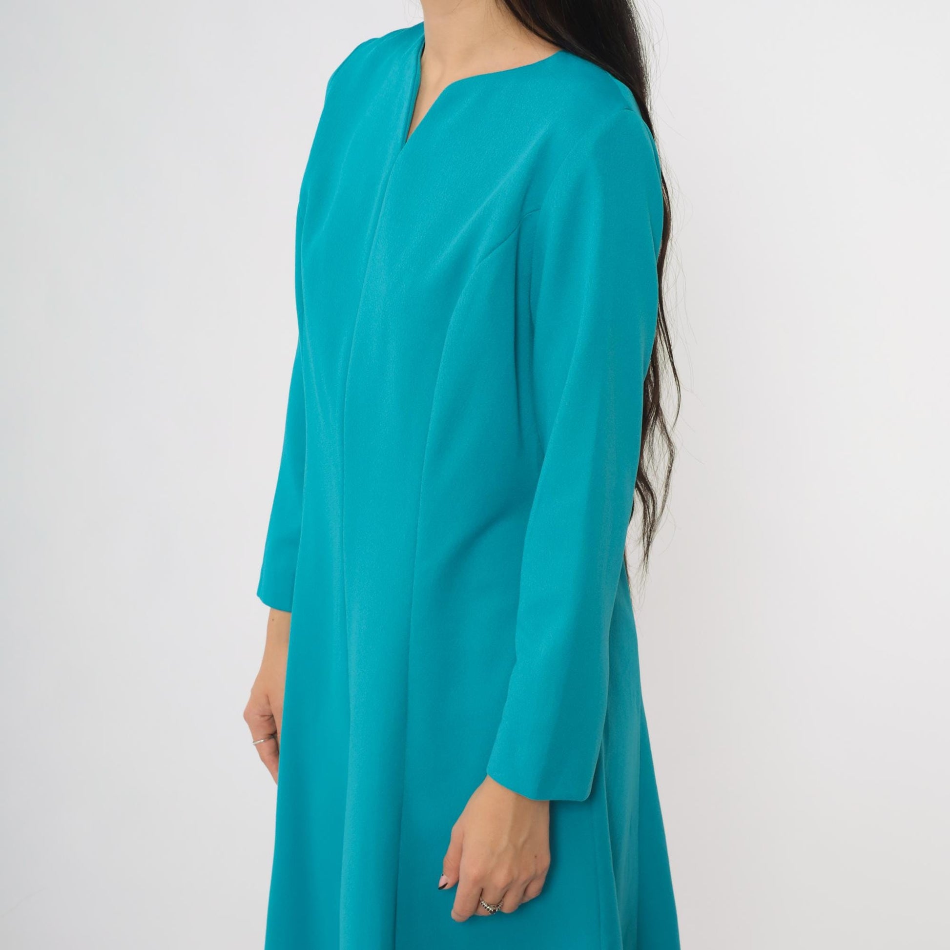 70s Turquoise Mod Mini Dress Long Sleeves V-Neck A-Line Shift Medium M