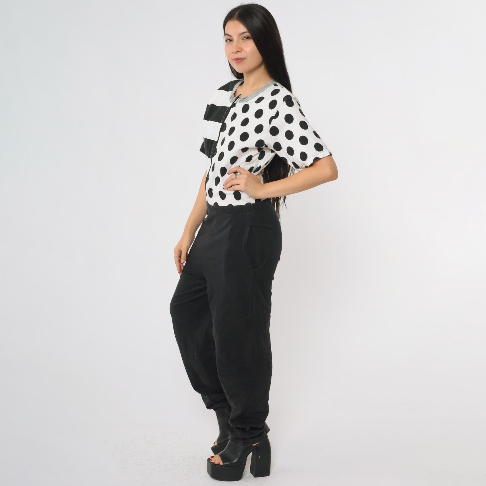 90s Black White Jumpsuit Mixed Print Polka Dot Stripes Front Zip Medium M