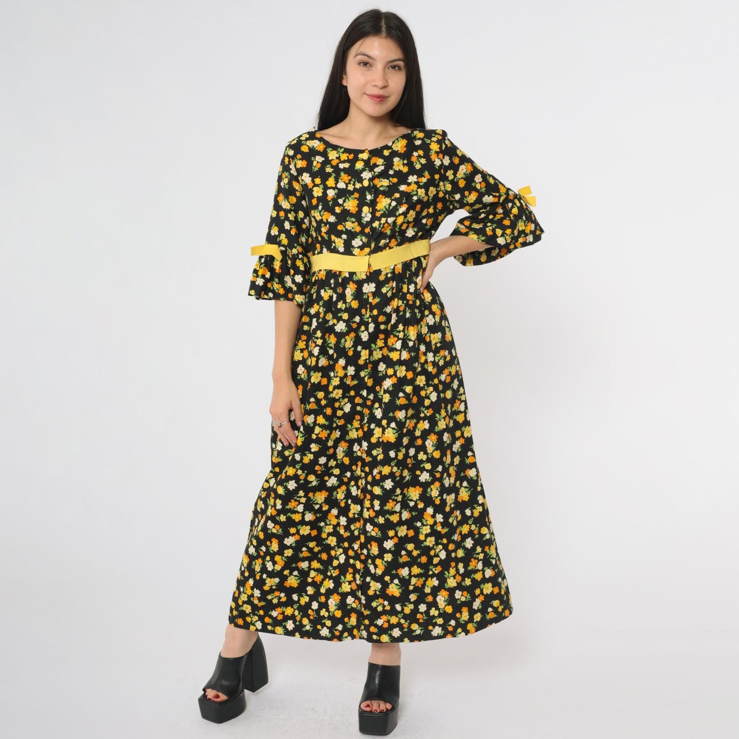 70s Lazy U Black Floral Maxi Dress Bell Sleeve Yellow Bow Large