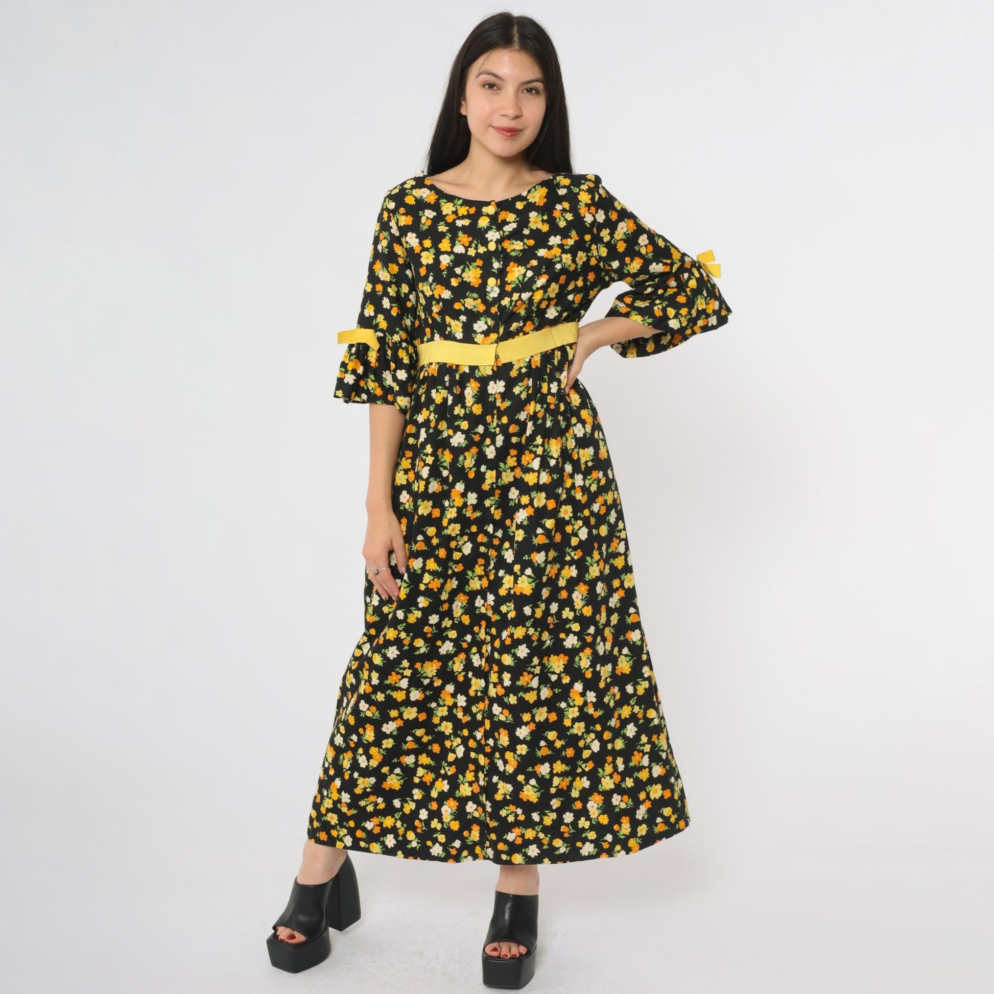 70s Lazy U Black Floral Maxi Dress Bell Sleeve Yellow Bow Large
