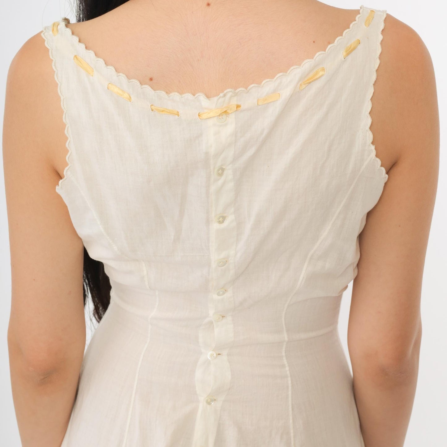 1930s White Cotton Step-In Chemise Embroidered Yellow Ribbon Trim Extra Small XS