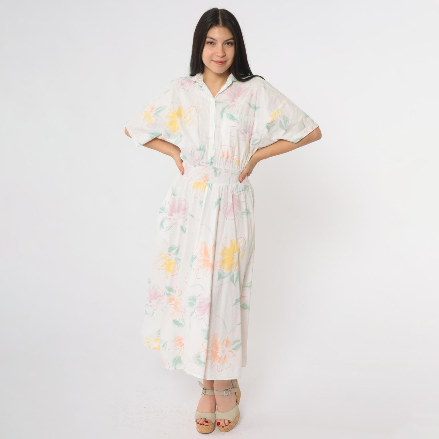 80s Carol Anderson Floral Midi Dress Pastel Watercolor Smocked Waist Small