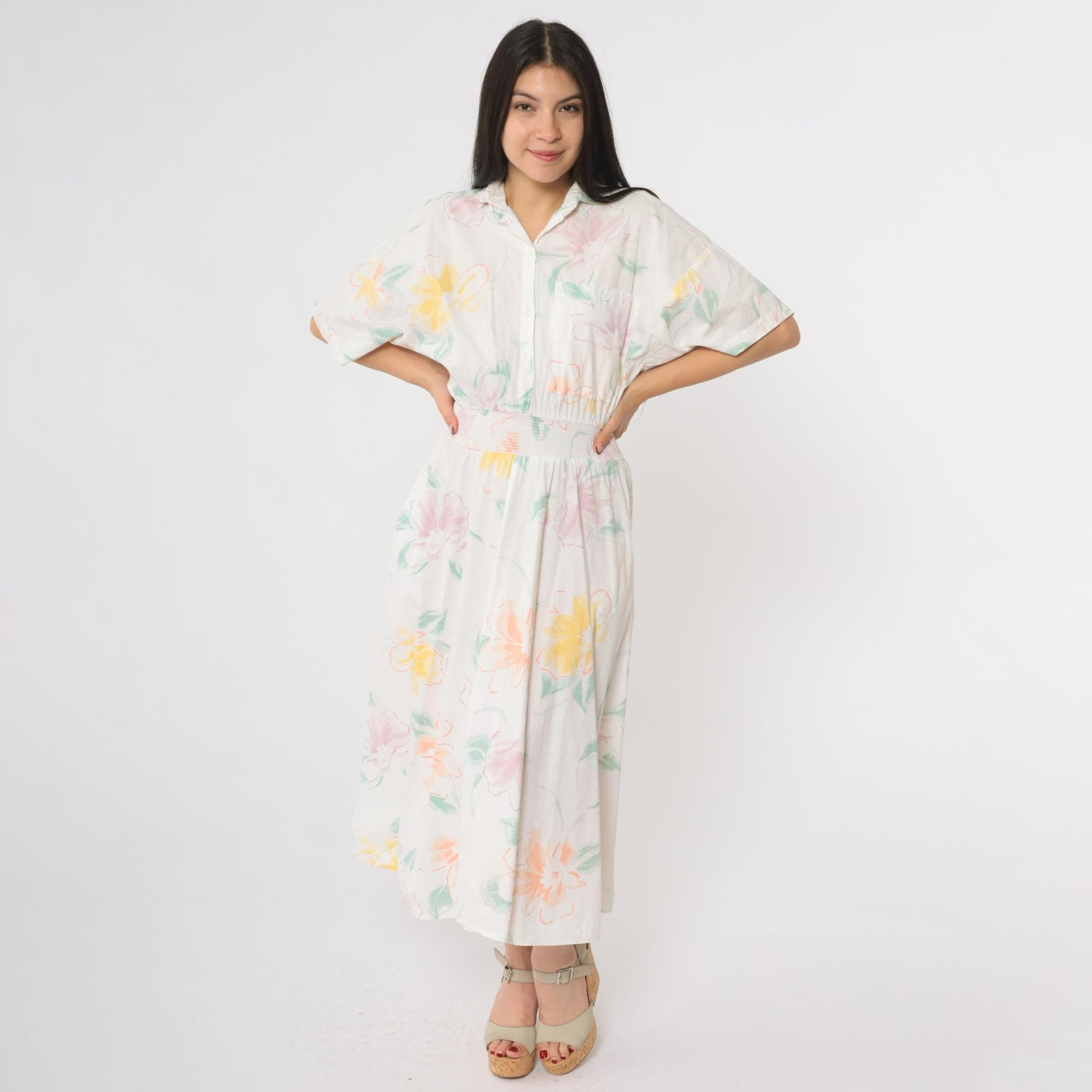 80s Carol Anderson Floral Midi Dress Pastel Watercolor Smocked Waist Small