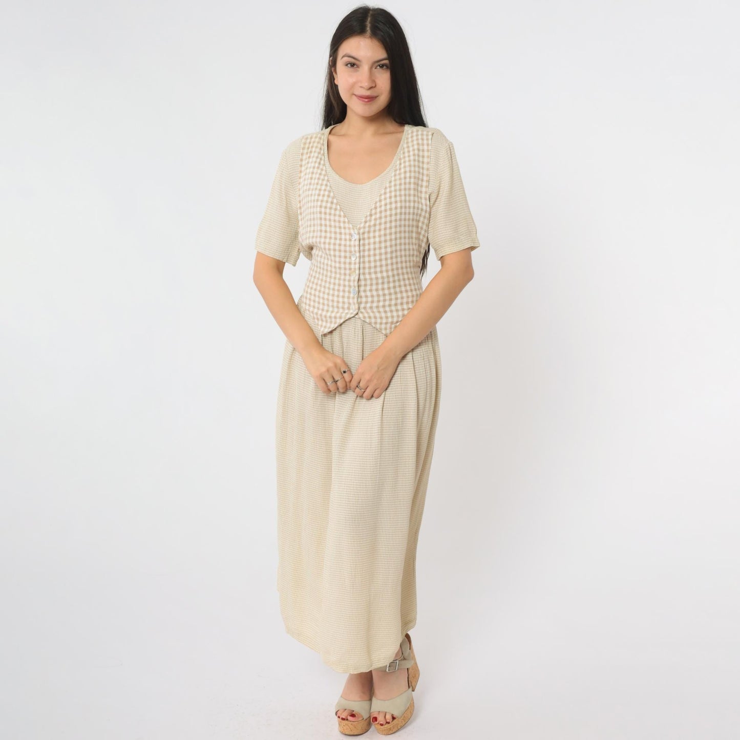 90s Ultra Dress Tan Gingham Maxi Dress Button Front Vest Set Large 12