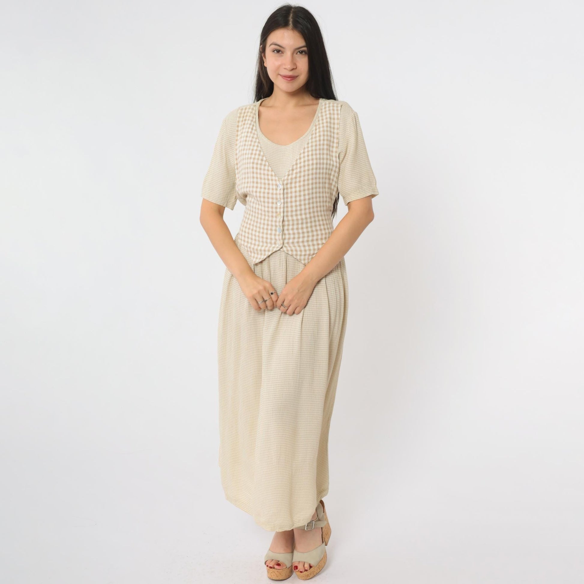 90s Ultra Dress Tan Gingham Maxi Dress Button Front Vest Set Large 12