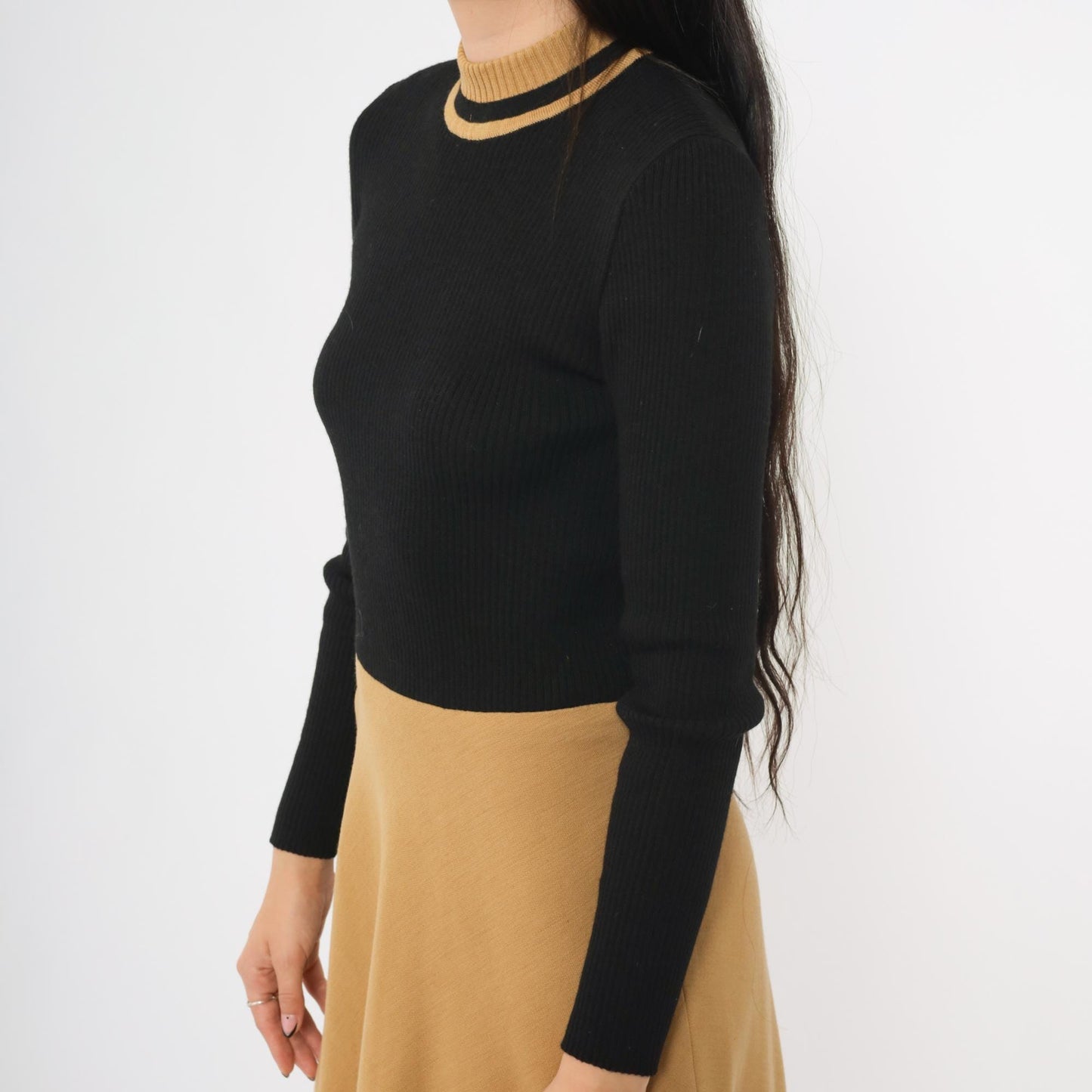 70s Camp Crations Wool Color Block Turtleneck Midi Dress Brown Black Small