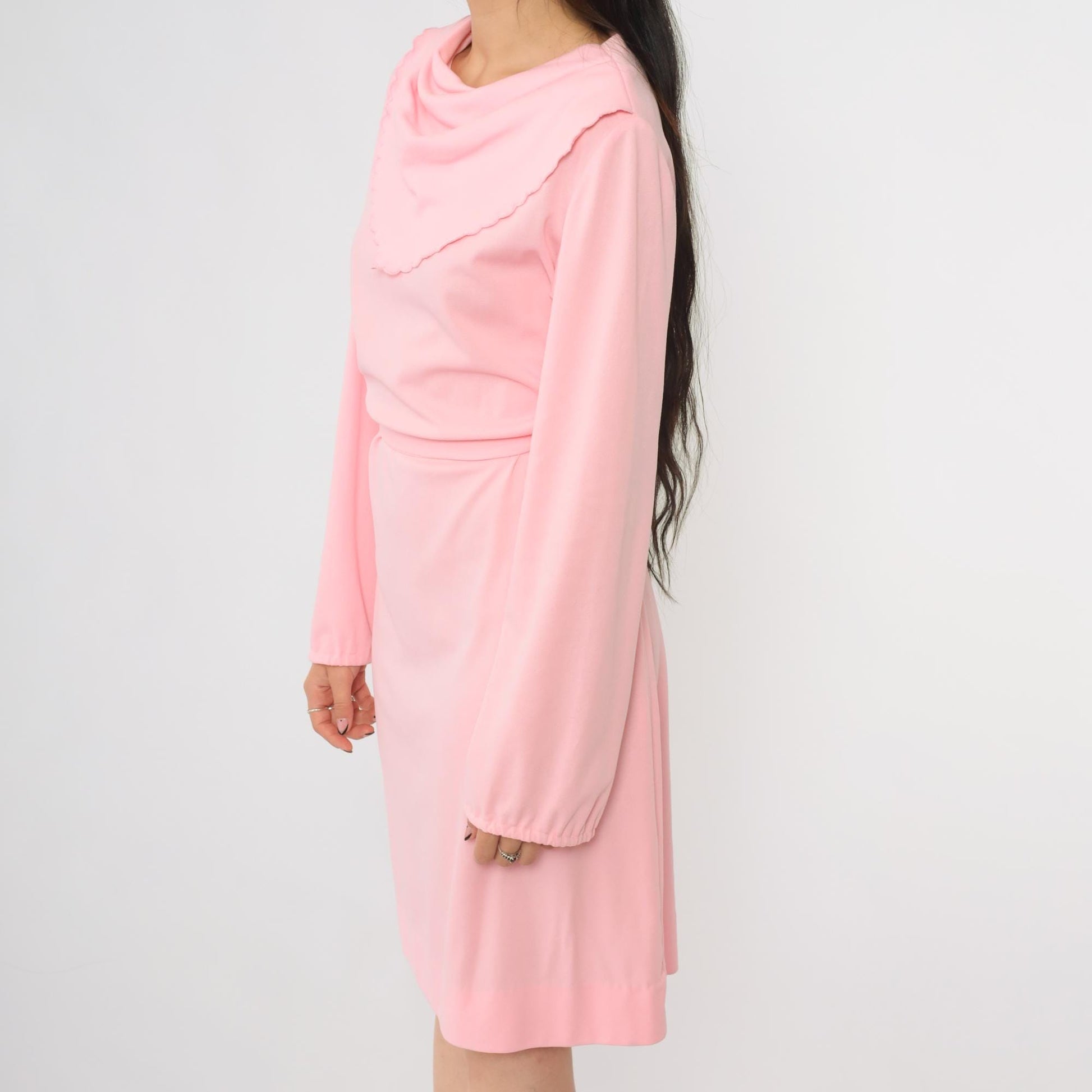 70s Kay Windsor Pink Cowl Neck Midi Dress Scallop Collar Medium M
