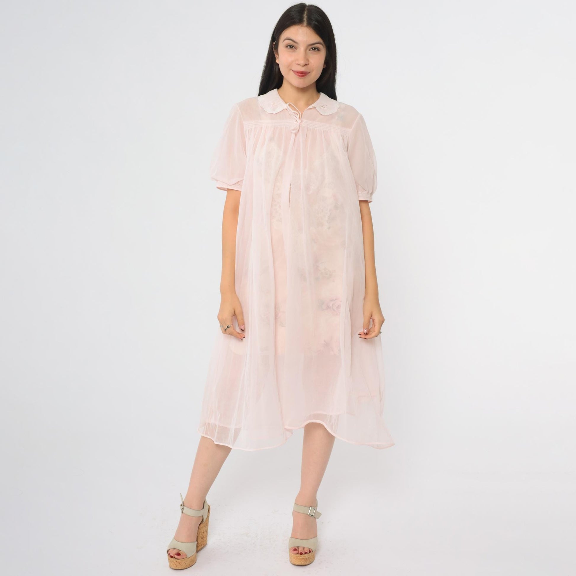 70s Pink Nylon Nightgown Peter Pan Collar Tie Front Midi Medium Large