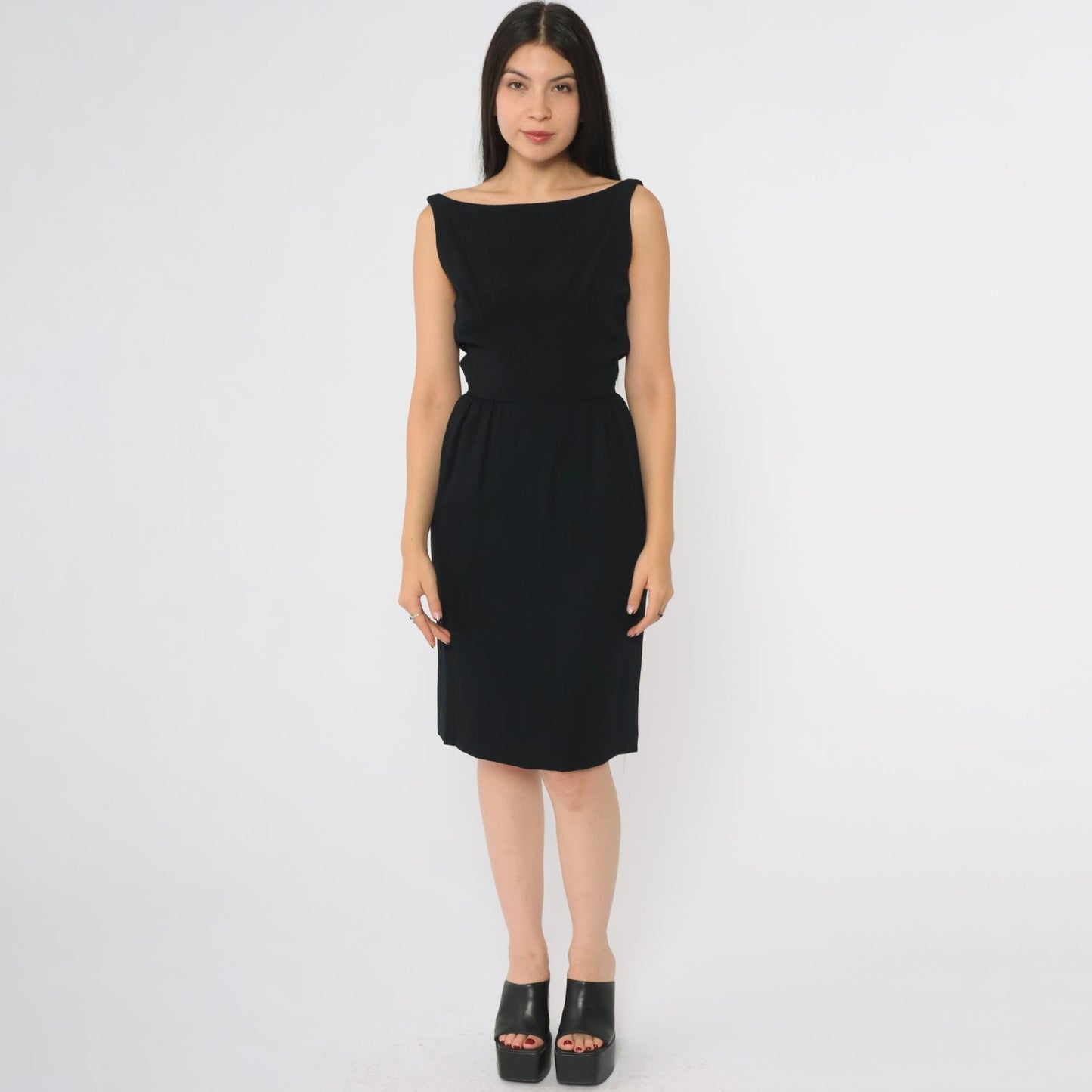60s Black Mini Dress Open Back Boat Neck Sleeveless Sheath XSmall