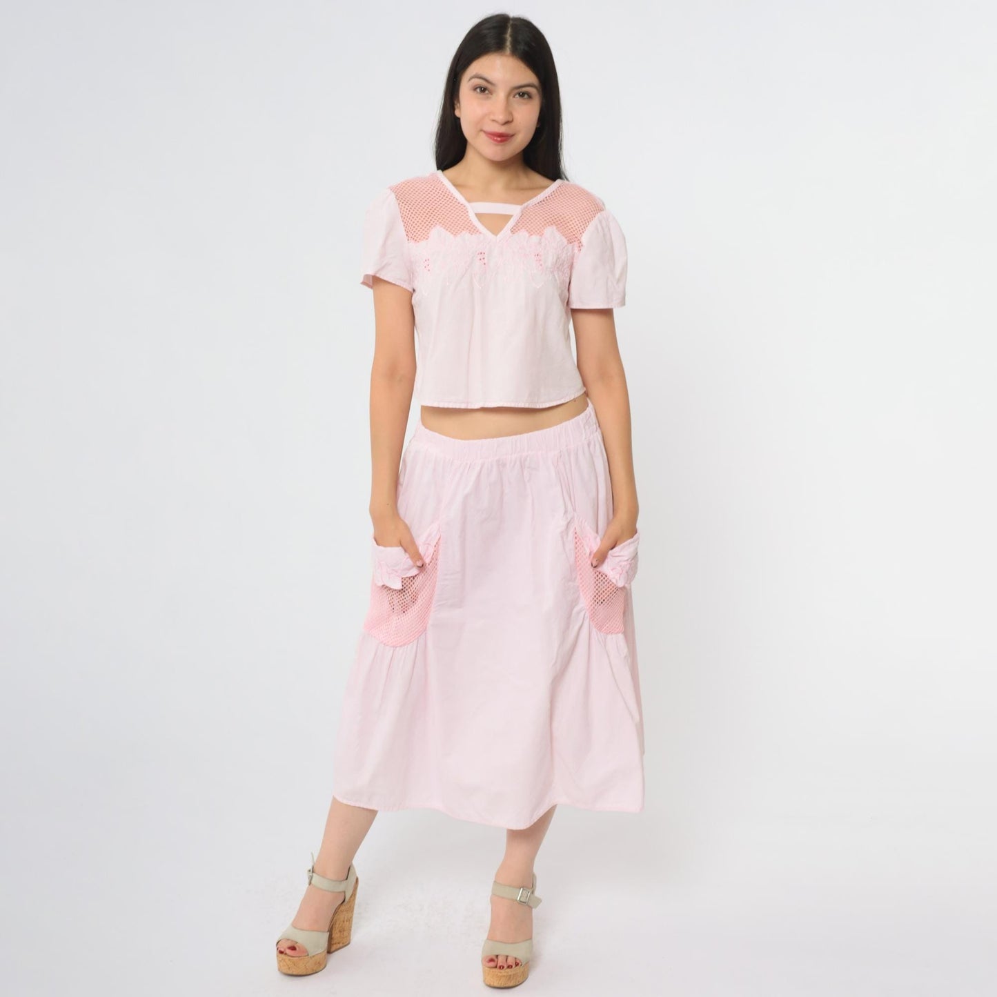 90s Stoplight Pink Cotton Two Piece Set Crop Top Midi Skirt Small