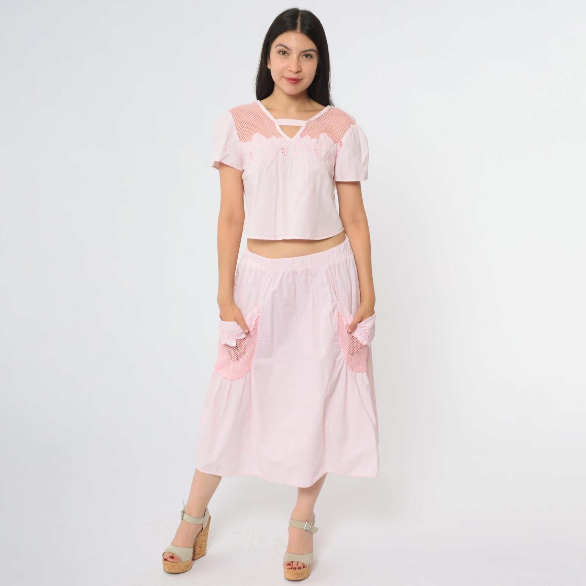 90s Stoplight Pink Cotton Two Piece Set Crop Top Midi Skirt Small