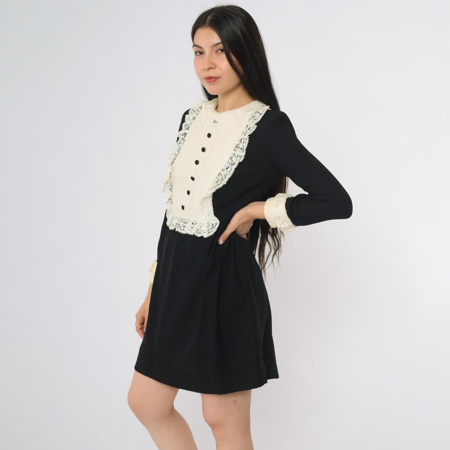 60s Black Babydoll Mini Dress White Lace Bib Long Sleeve Medium