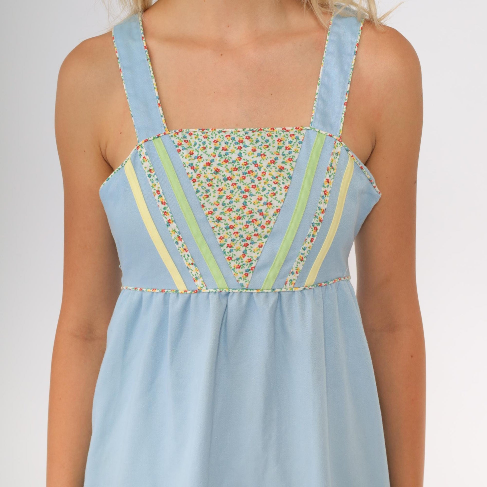 70s Cinderella Blue Floral Sundress Empire Waist Mini Dress Small