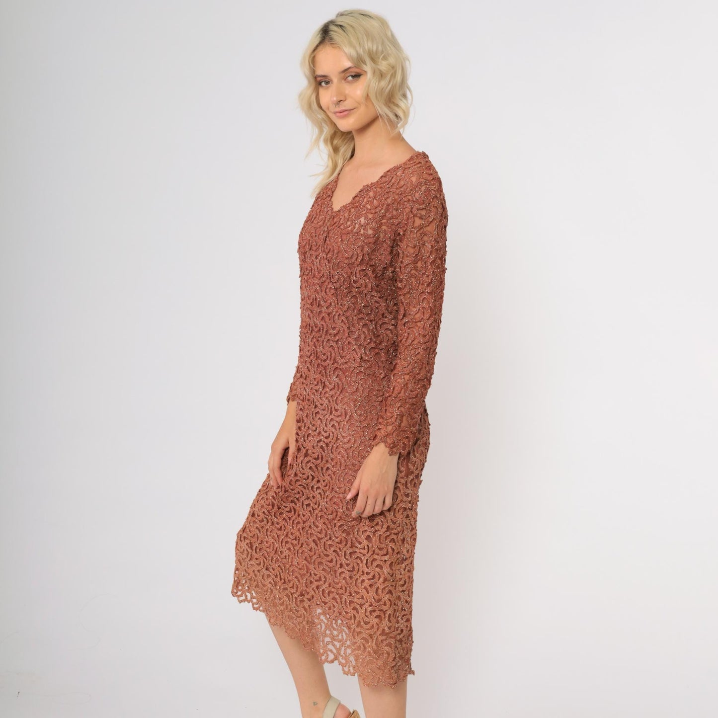 70s Copper Brown Metallic Lace Cocktail Dress Long Sleeve Scalloped Midi Medium
