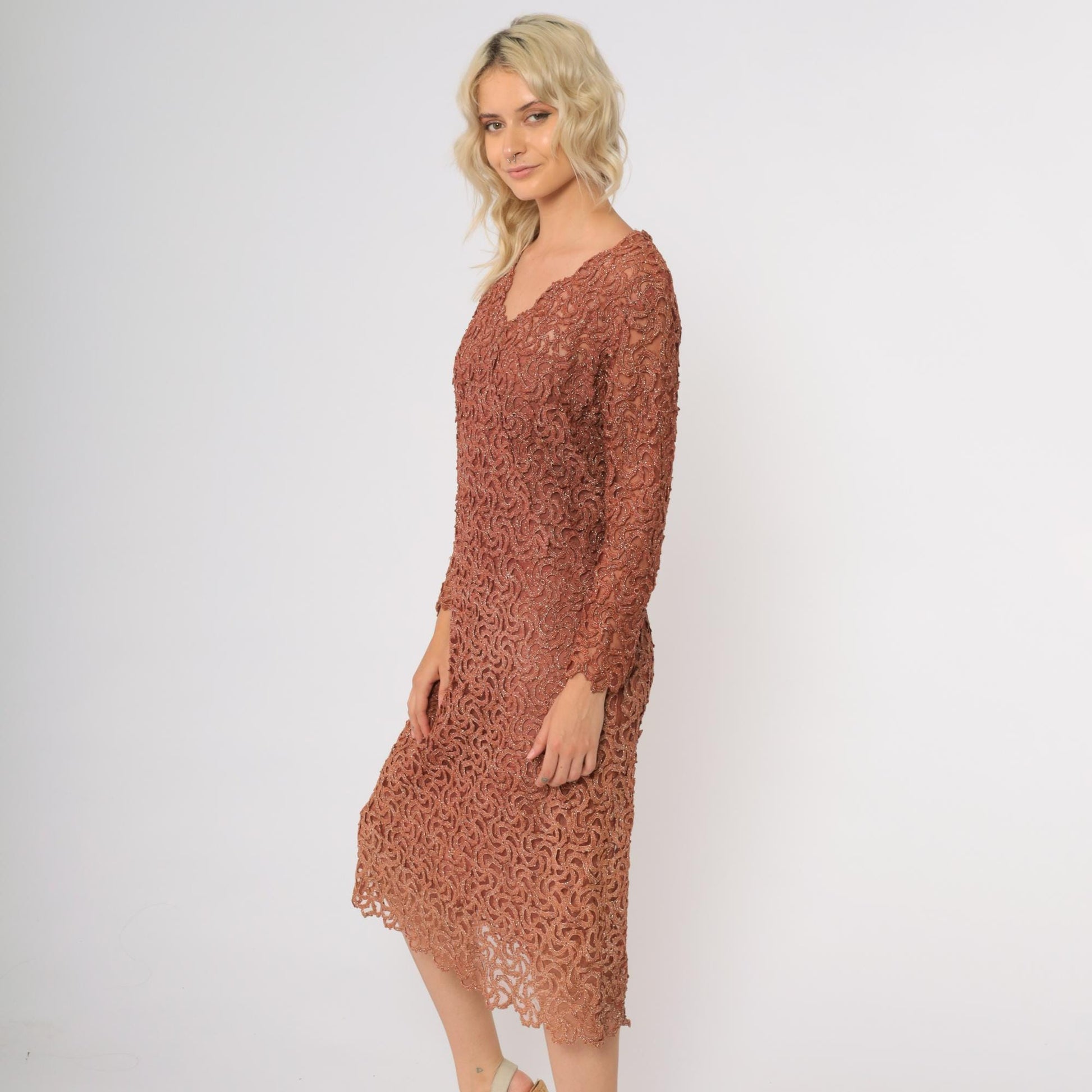 70s Copper Brown Metallic Lace Cocktail Dress Long Sleeve Scalloped Midi Medium