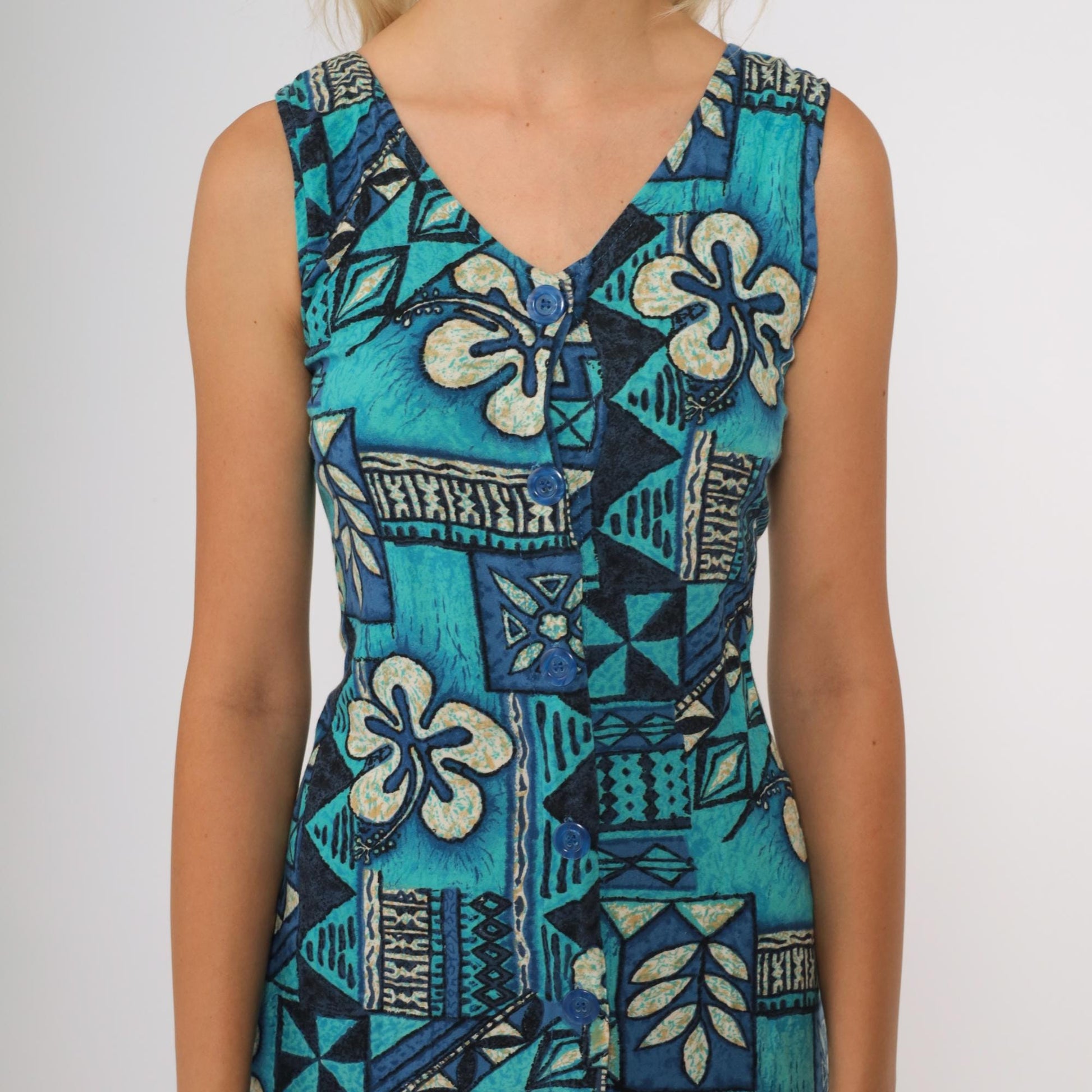 90s Blue Tropical Floral Midi Dress Sleeveless V Neck Hawaiian Print XS