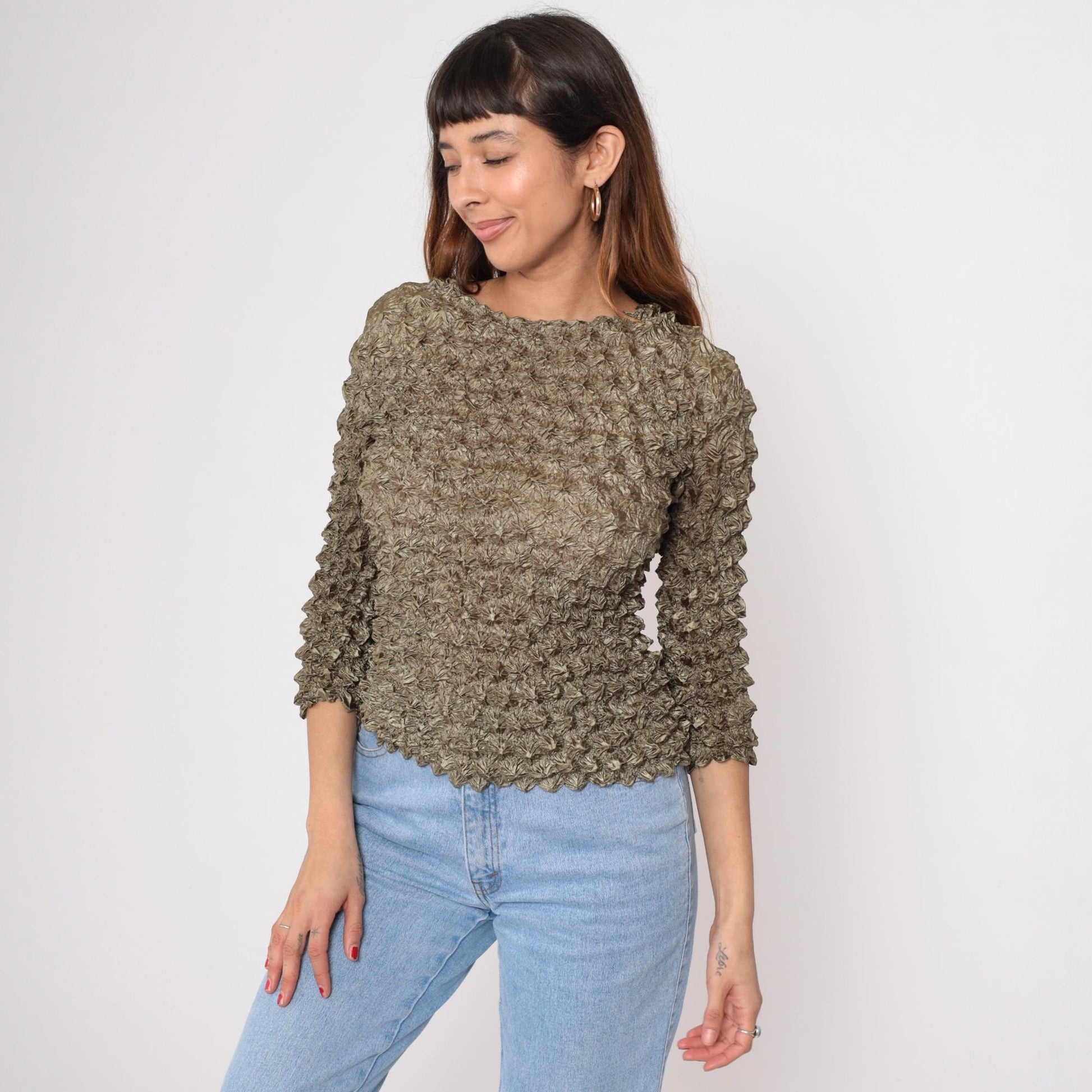Y2K Green Popcorn Texture Short Sleeve Blouse XS-XL