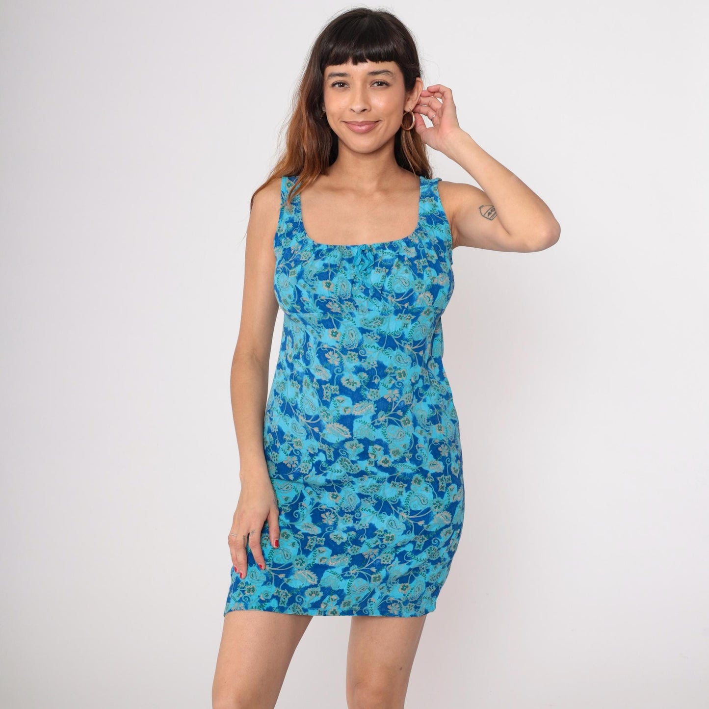 90s Tickets Clothing Mini Dress Tank Square Neck Blue Paisley Medium