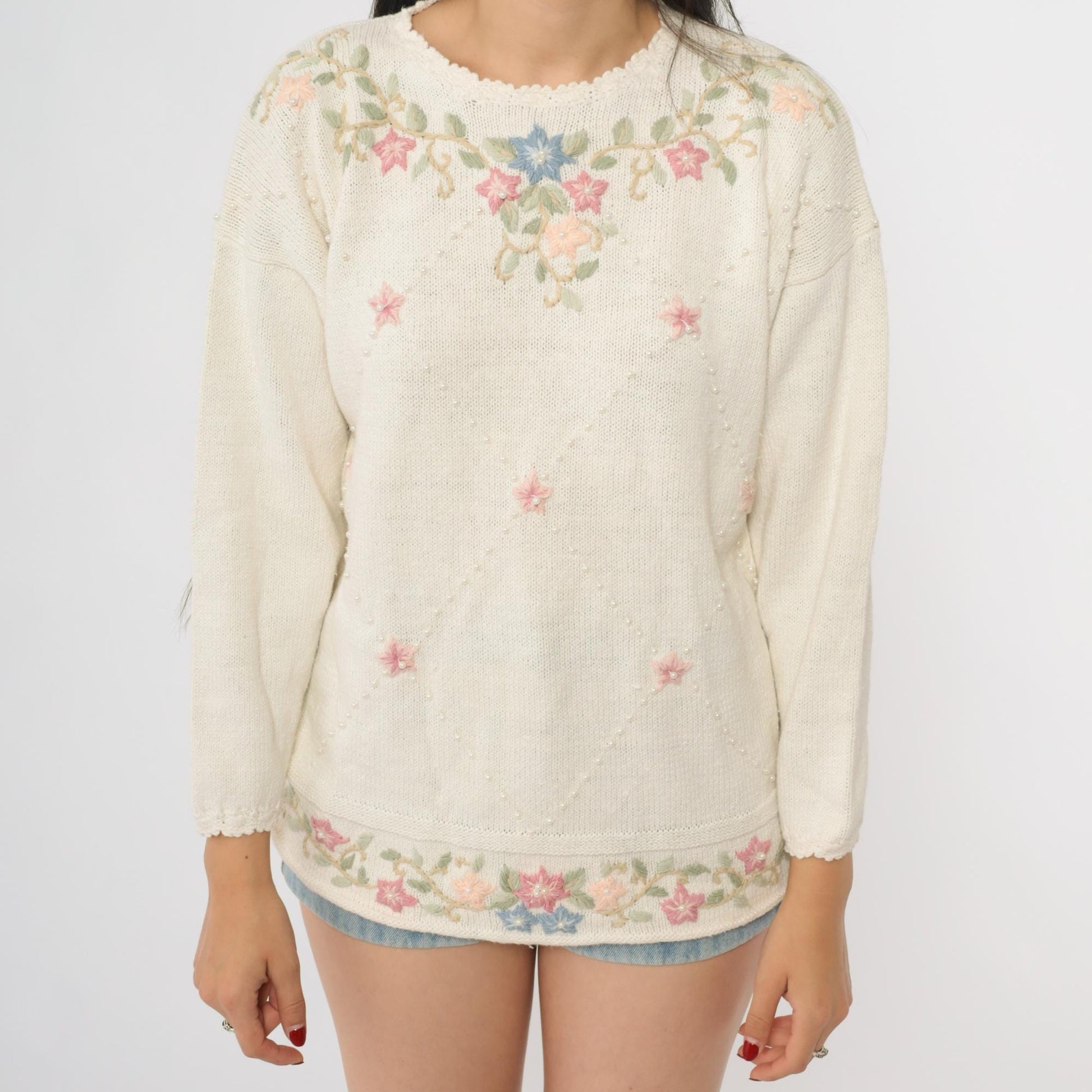 90s Carolyn Taylor Cream Floral Embroidered Sweater Small S