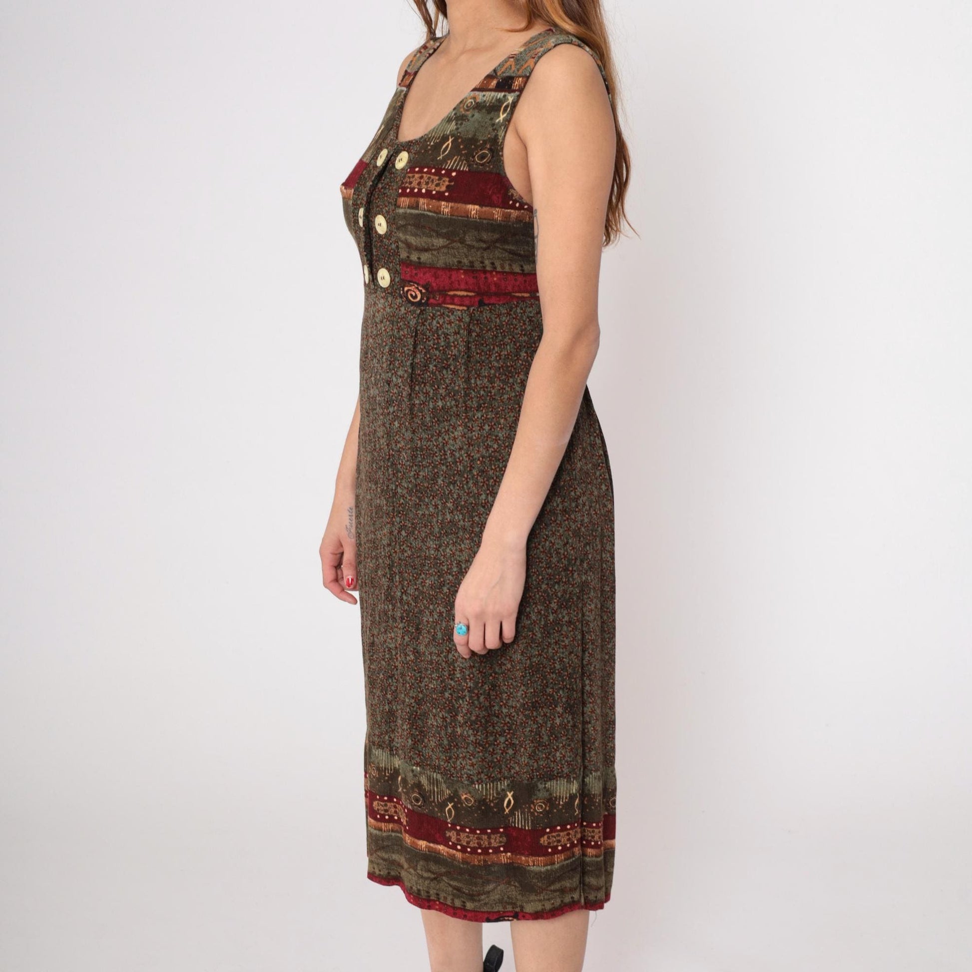 90s Patchwork Midi Dress Tribal Print Button Front Sleeveless Small S
