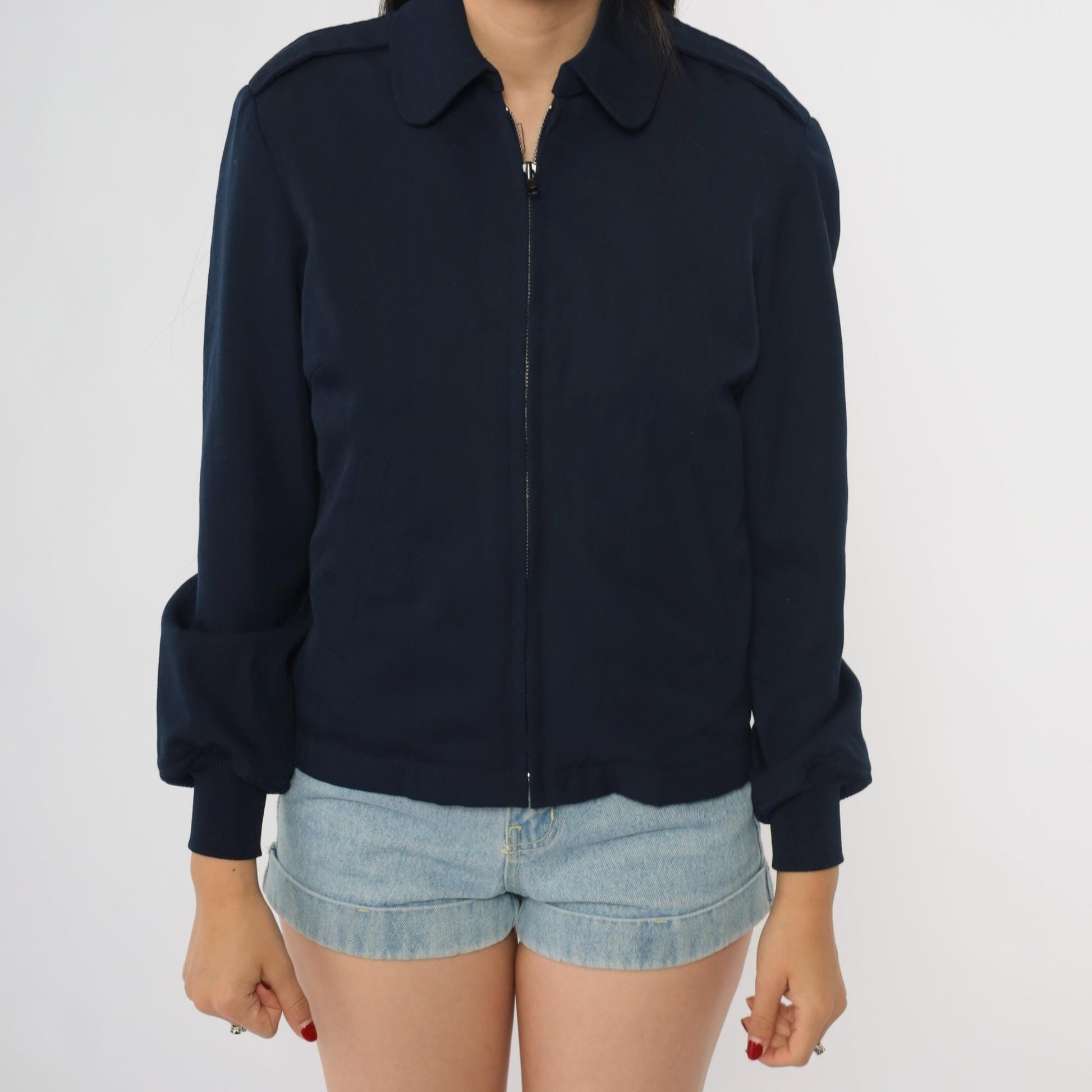 Y2K Navy Bomber Jacket Wool Blend Zip Front Ribbed Cuffs Small S
