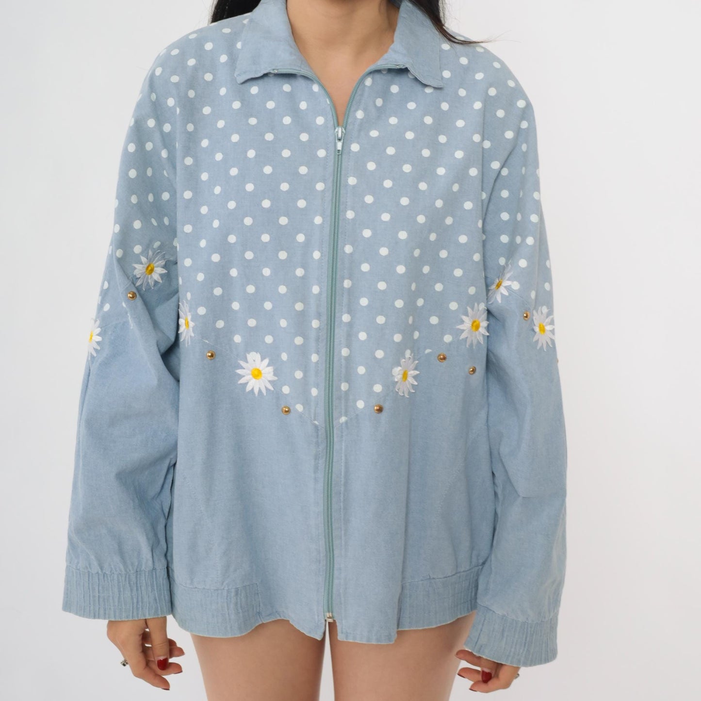 90s Gepetto Blue Polka Dot Daisy Embroidered Cotton Jacket Small