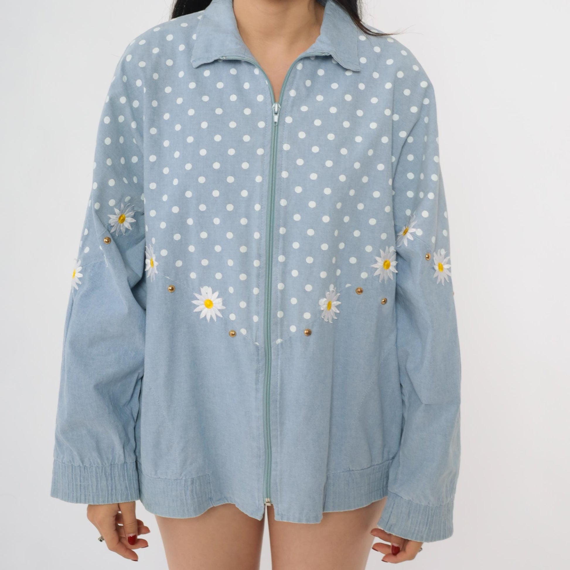 90s Gepetto Blue Polka Dot Daisy Embroidered Cotton Jacket Small