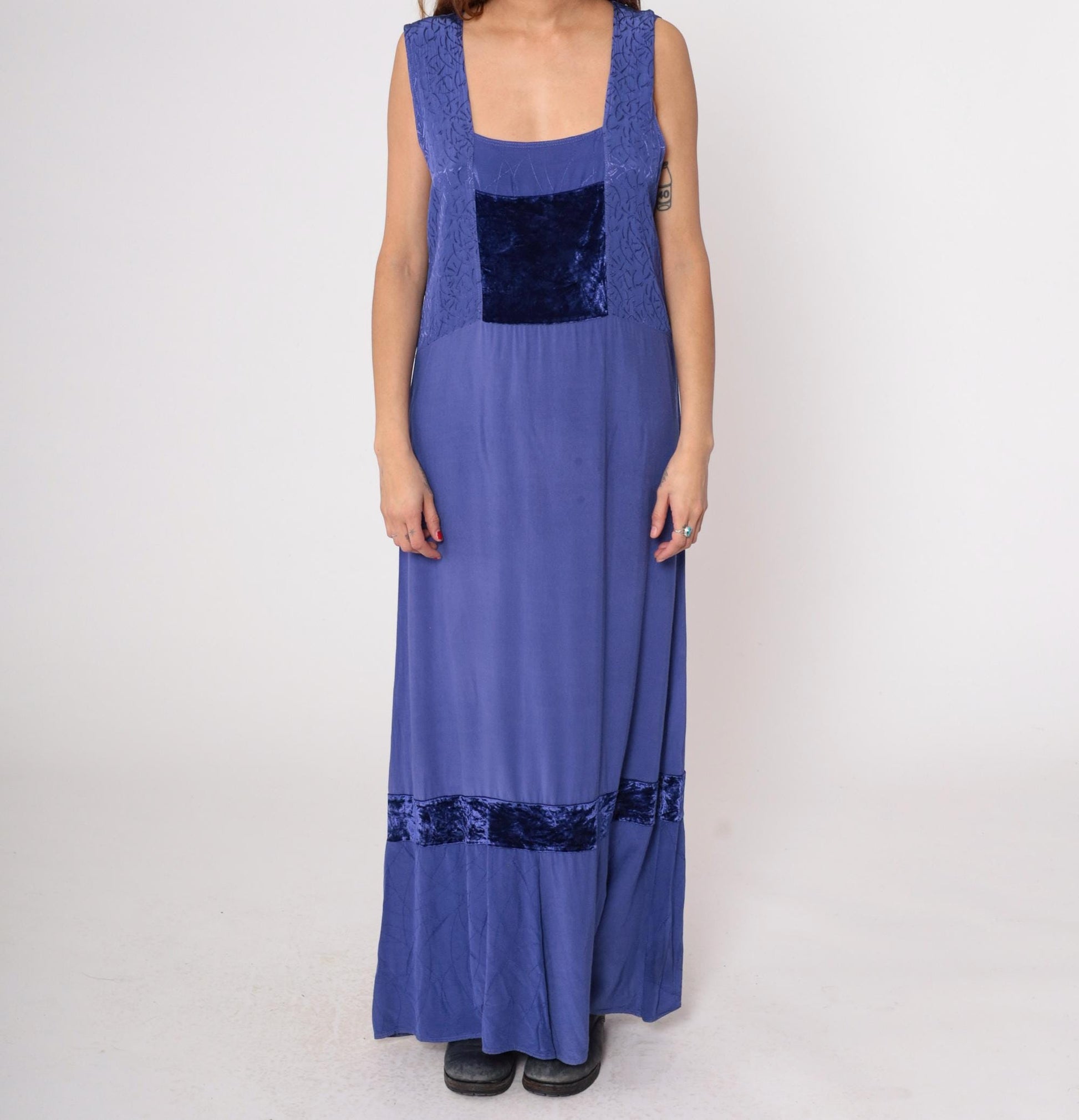 Y2K Purple Velvet Maxi Dress Milieu Sleeveless Empire Waist Large L