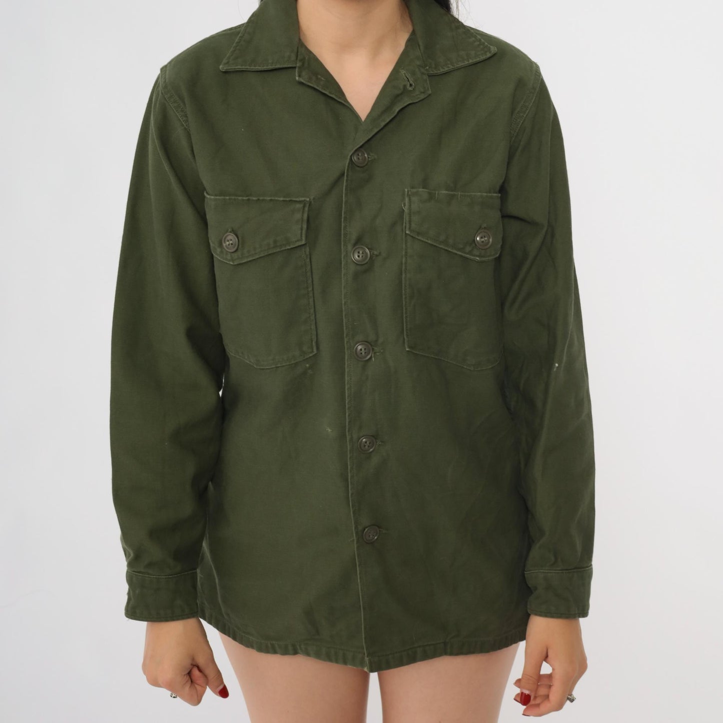 80s Army Green Military Utility Button-Down Shirt Cotton Sateen Small
