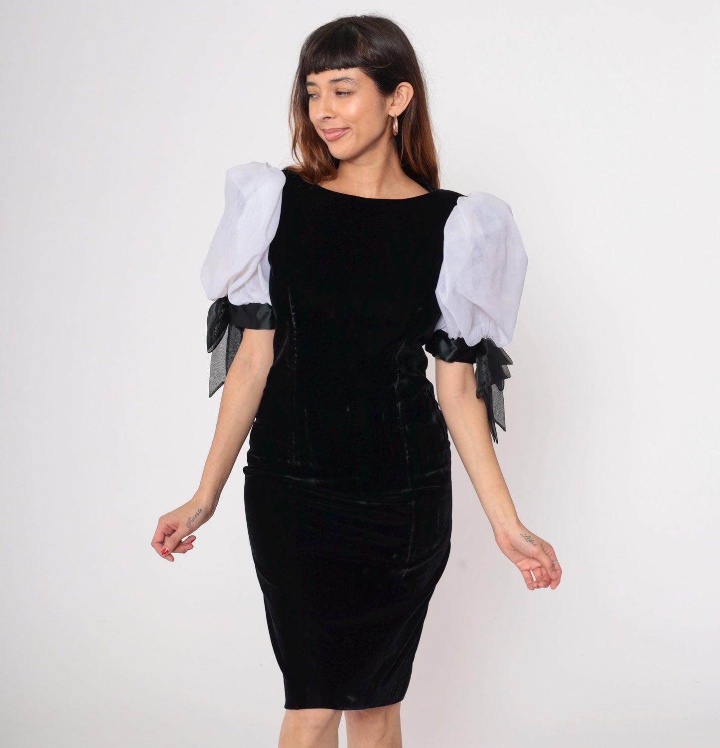 80s Rimini Black Velvet Midi Dress Puff Sleeves White Bow Ties Medium
