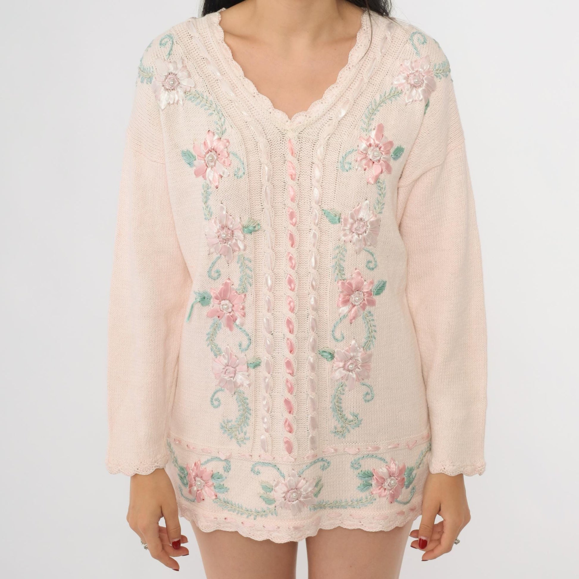 90s Carolyn Taylor Pink Floral Embroidered Knit Sweater V-Neck Medium M