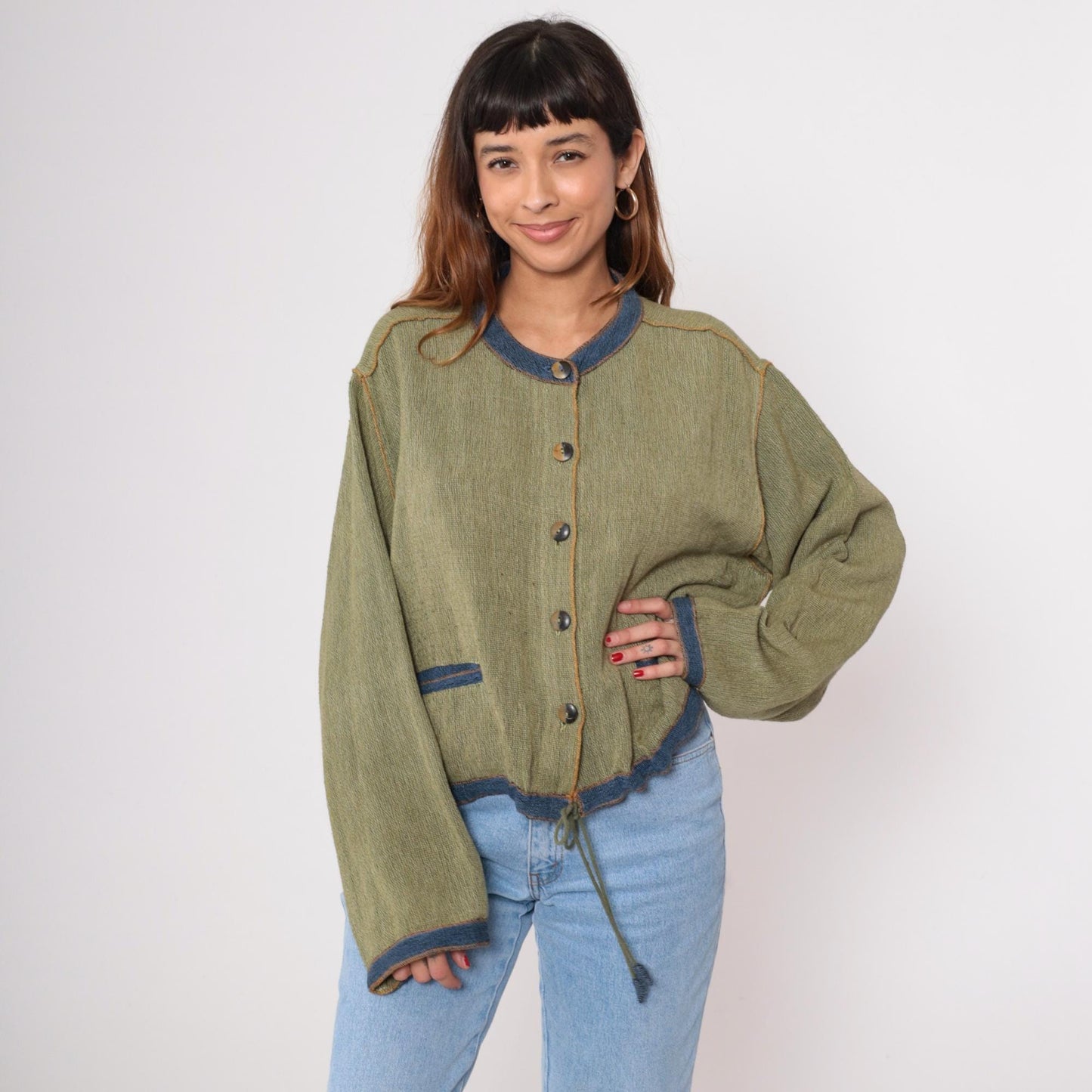 Y2K Tribe Green Cotton Cardigan Blue Trim Drawstring Waist Extra Large XXL