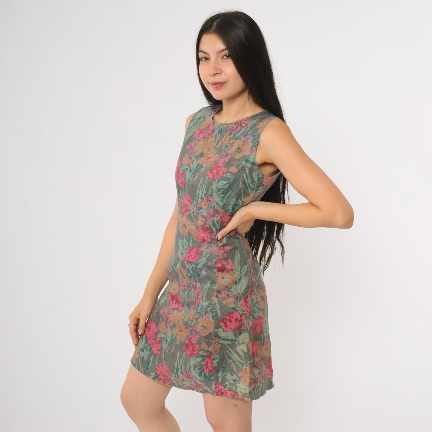 90s Floral Shift Dress Grey Green Pink Brown Botanical Midi Sleeveless Small