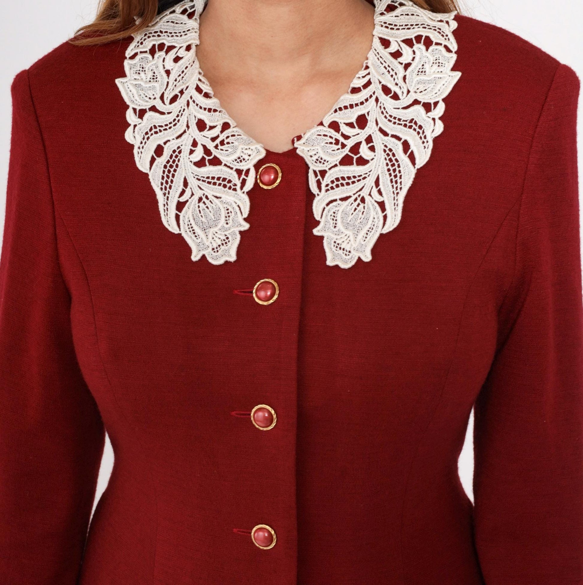 80s Lourejann Burgundy Midi Dress Peter Pan Collar Lace Small