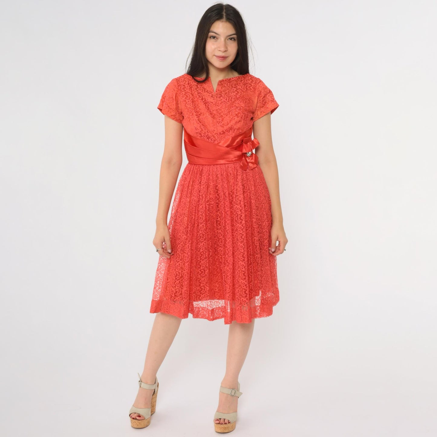 60s Coral Lace Midi Dress V Neck Short Sleeve Bow Belt Rhinestone Brooch XS
