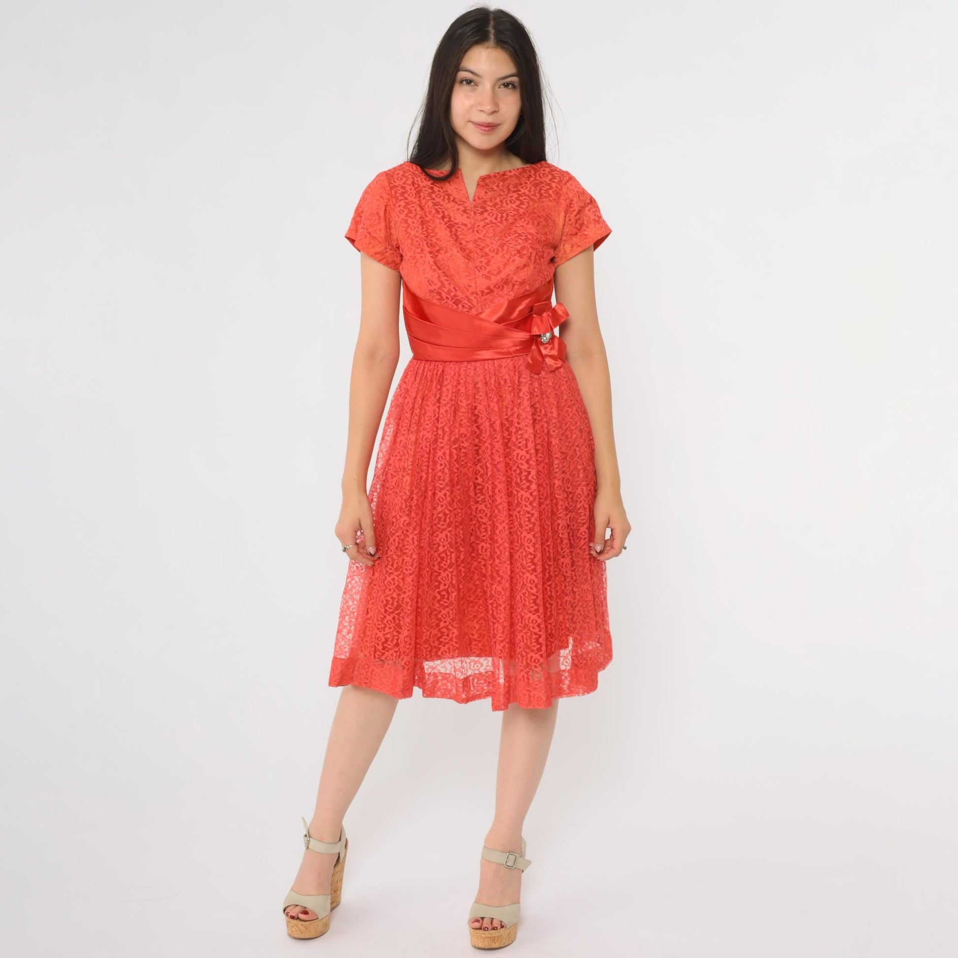 60s Coral Lace Midi Dress V Neck Short Sleeve Bow Belt Rhinestone Brooch XS