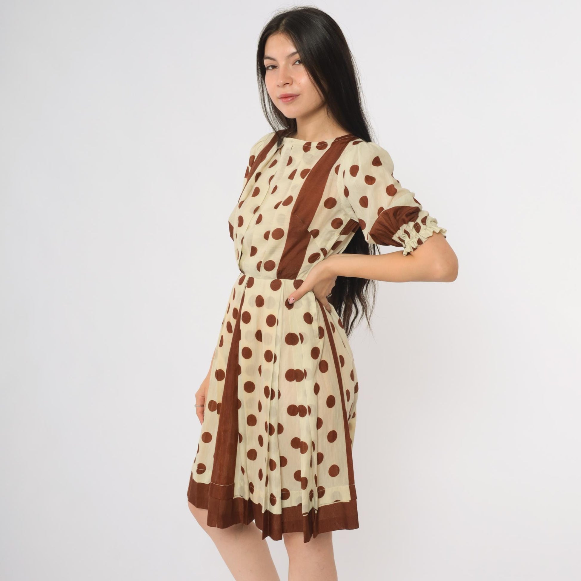 60s Brown White Polka Dot Puff Sleeve Dress Knee Length Extra Small XS