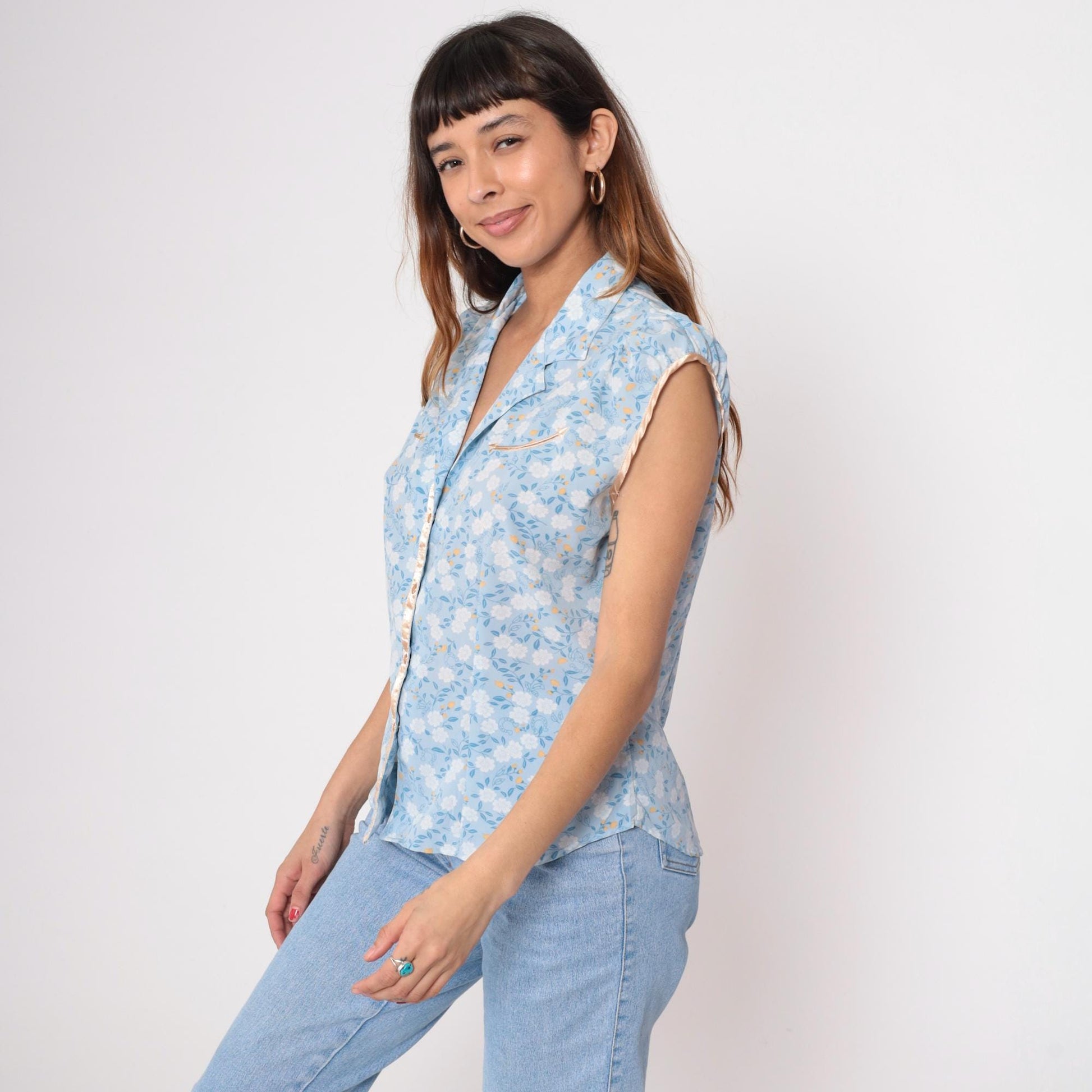 Y2K Shyanne Western Sleeveless Blouse Blue Floral Pearl Snap Large L